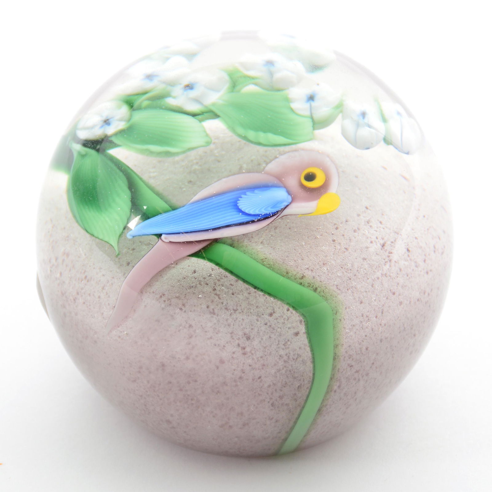 Paperweight Marked Orient & Flume 1982: Paperweight Marked Orient and Flume 1982, 3" Diameter, Light Lavender Ground with Parrot on Floral Branch Decor, Some Letter Before Date "Ci21F", Estate of Virginia Dillard
