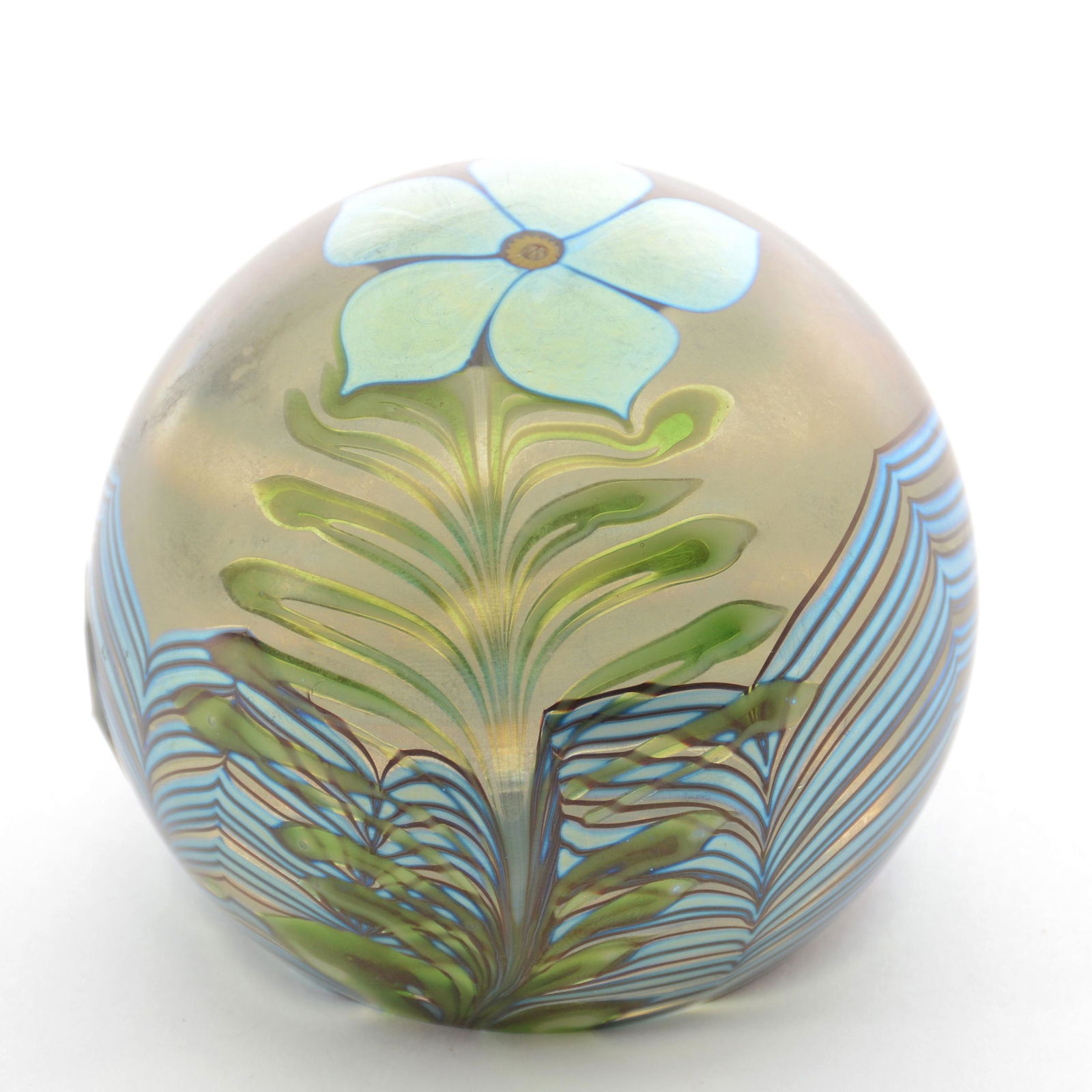 Paperweight Marked Orient & Flume 1977, #67N: Paperweight Marked Orient and Flume 1977, #67N, 3.25" Diameter, Iridescent Clear with Pulled Feather and Floral Blossom Decor, Estate of Virginia Dillard