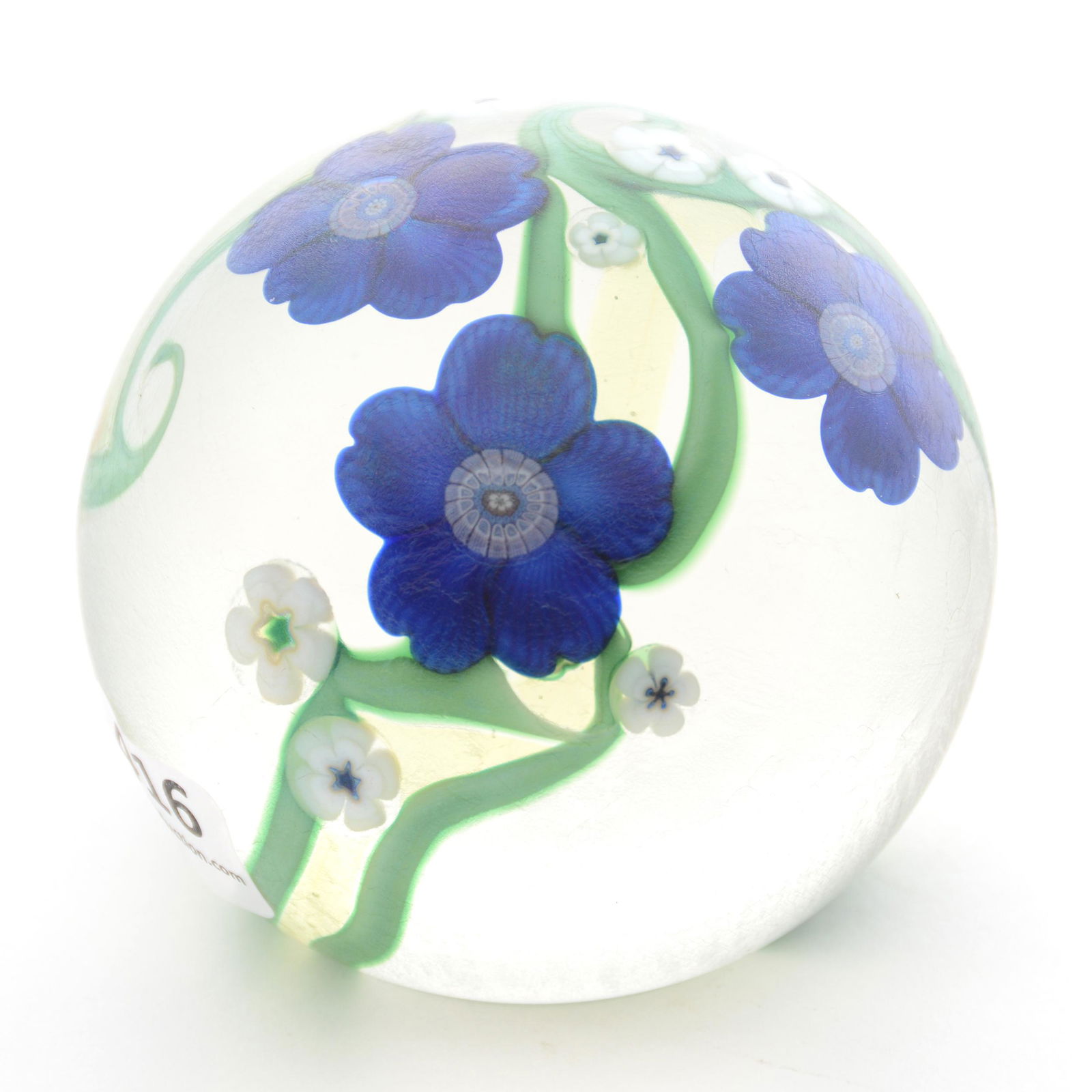Paperweight Marked Orient & Flume 1983: Paperweight Marked Orient and Flume 1983, 3" Diameter, Frosted Ground with Green Vine, Large Blue Blossom and Small White Blossom Iridescent Decor, Estate of Virginia Dillard