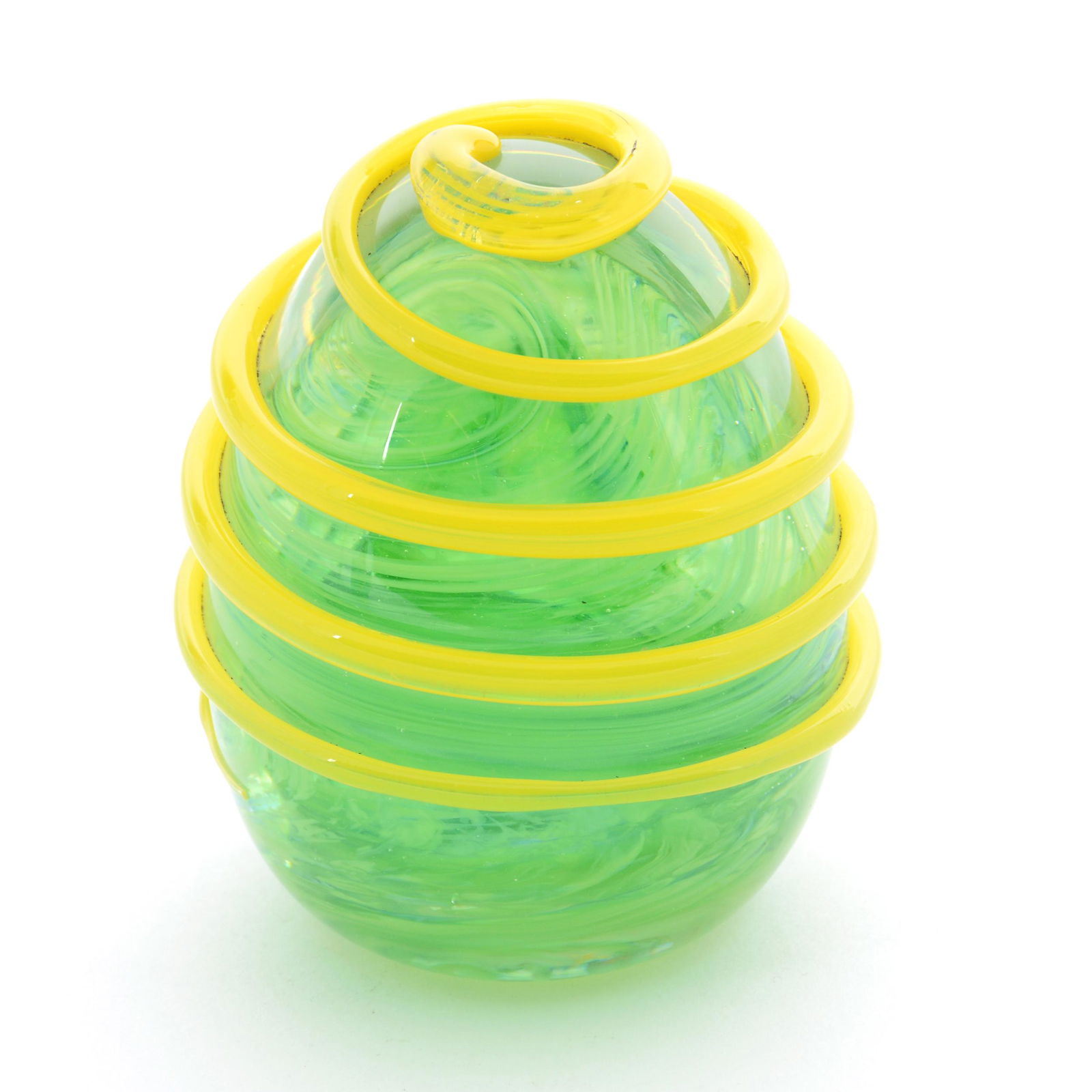 Paperweight "The Magic of Glass by Jim Davis 1981": Paperweight "The Magic of Glass by Jim Davis 1981", 3.75" Height, Egg Form, Clear with Green Internal Design, Yellow Applied "Rope", Estate of Virginia Dillard