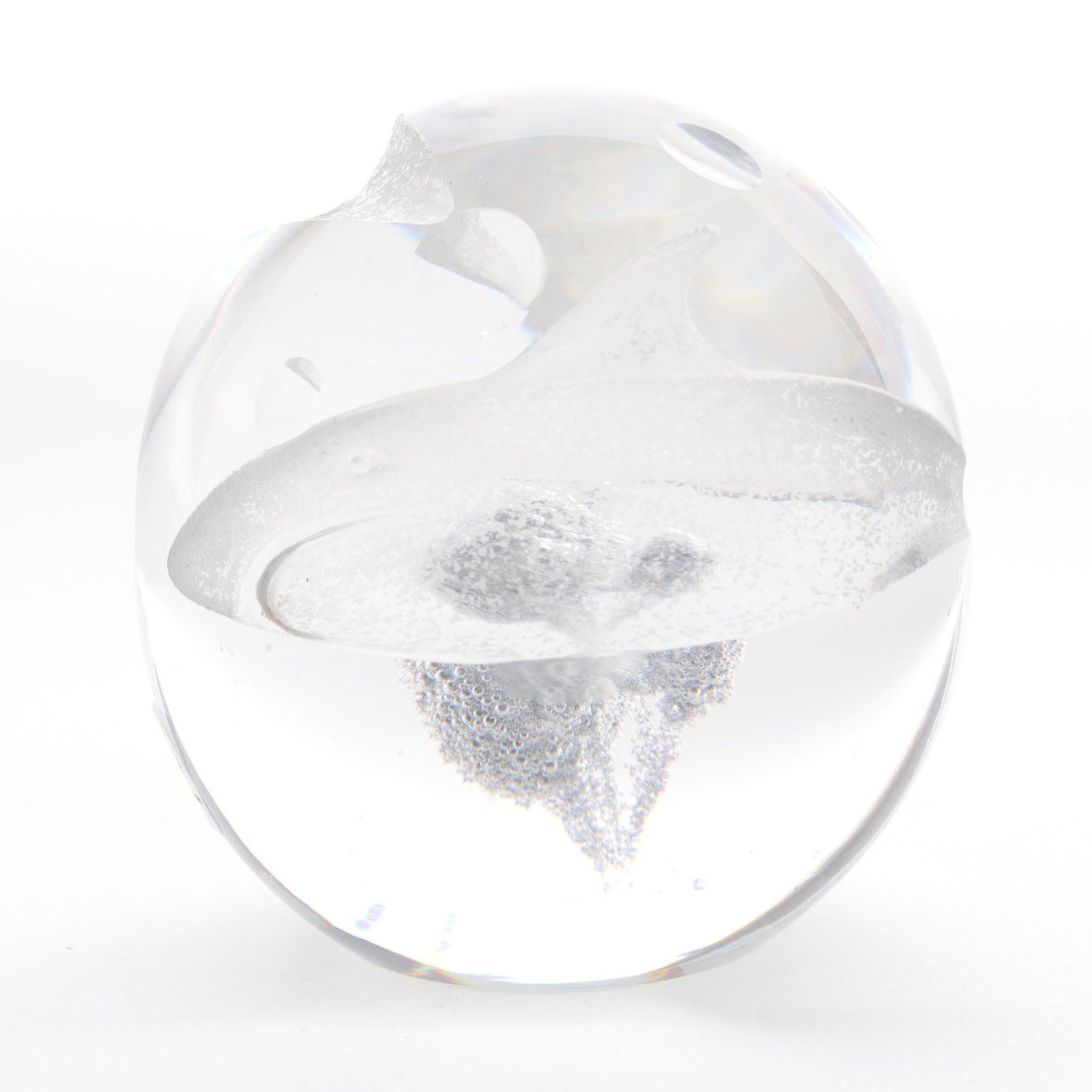 Paperweight Signed Kosta Boda: Paperweight Signed Kosta Boda, 4.25" Diameter, Artist Vicke Lindstrand, Deeply Engraved Circling Sharks, Unique Internal Controlled Bubble Figure, #U1489, Estate of Virginia Dillard