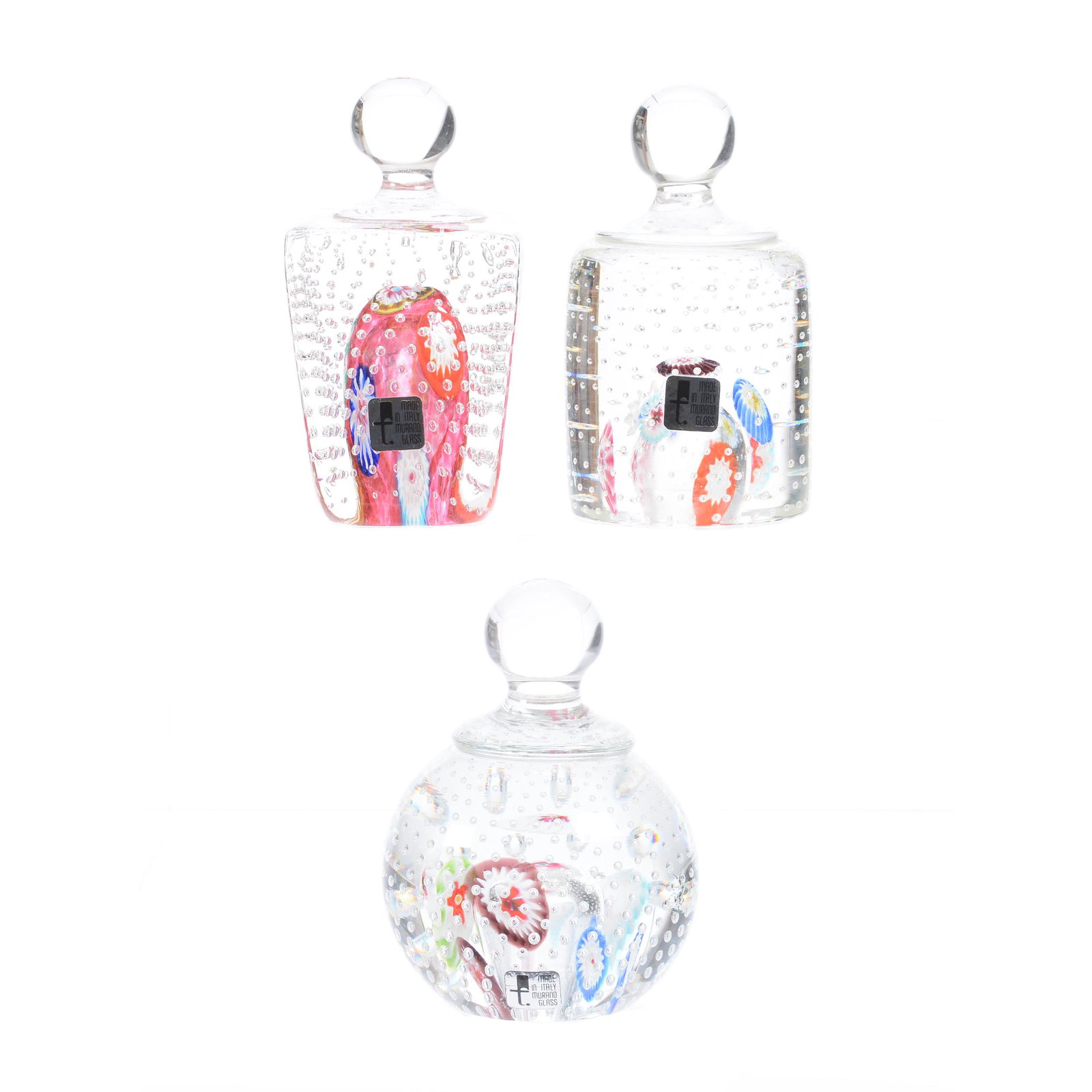 (3) Paperweights With Finial Knobs: (3) Paperweights with Finial Knobs, 4.75" Height, All Have Controlled Bubble with Scattered Millefiori Design, All with Murano Glass Paper Label, Estate of Virginia Dillard