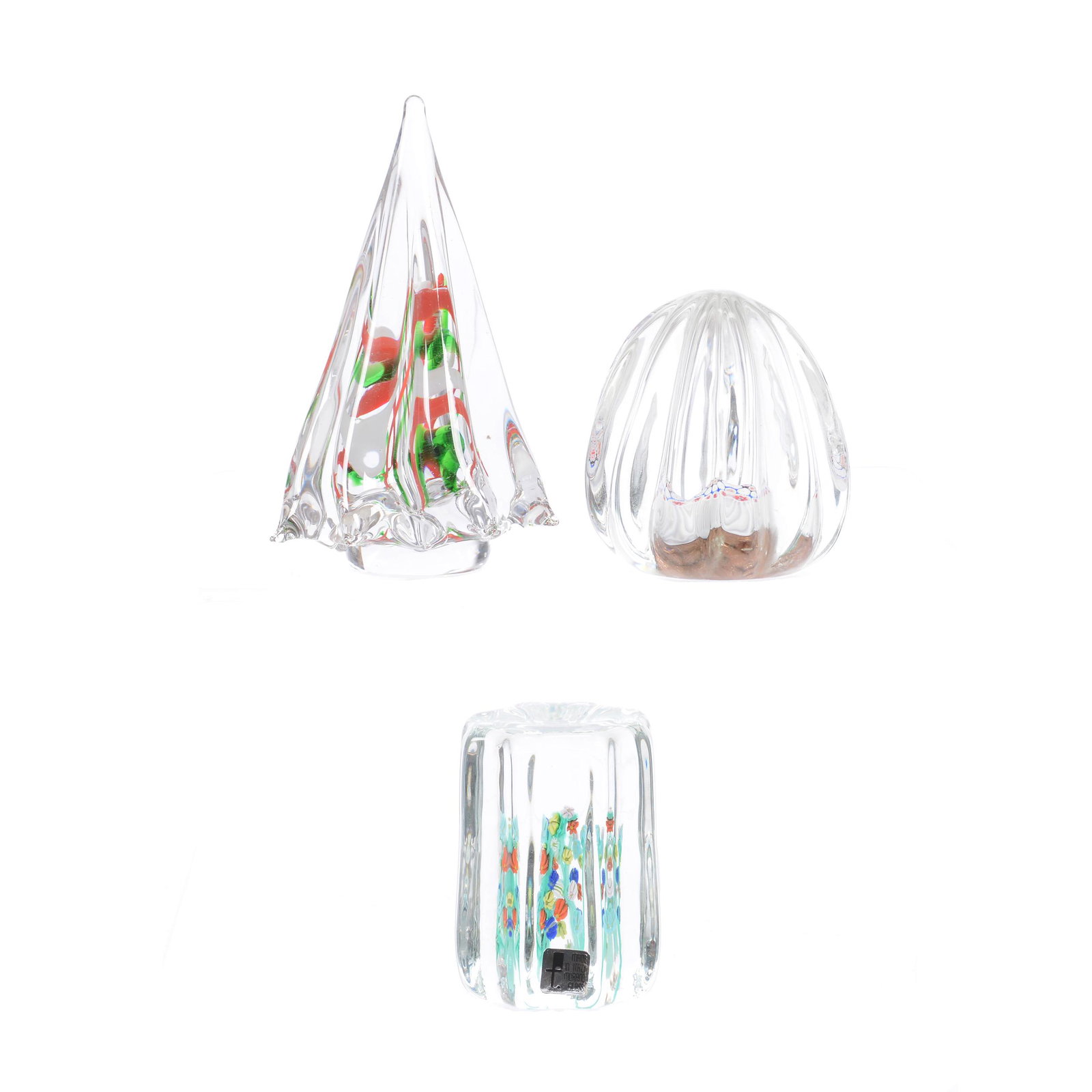 (3) Paperweights, Uniquely Shaped: (3) Paperweights, Uniquely Shaped, (1) 6" Height, Christmas Tree Shape, Ribbon Interior Highlights, (1) 3.5" Height, Eight-Sided, (1) 3.5" Height, Twelve Ribs, Millefiori Highlights, Estate of Virgini