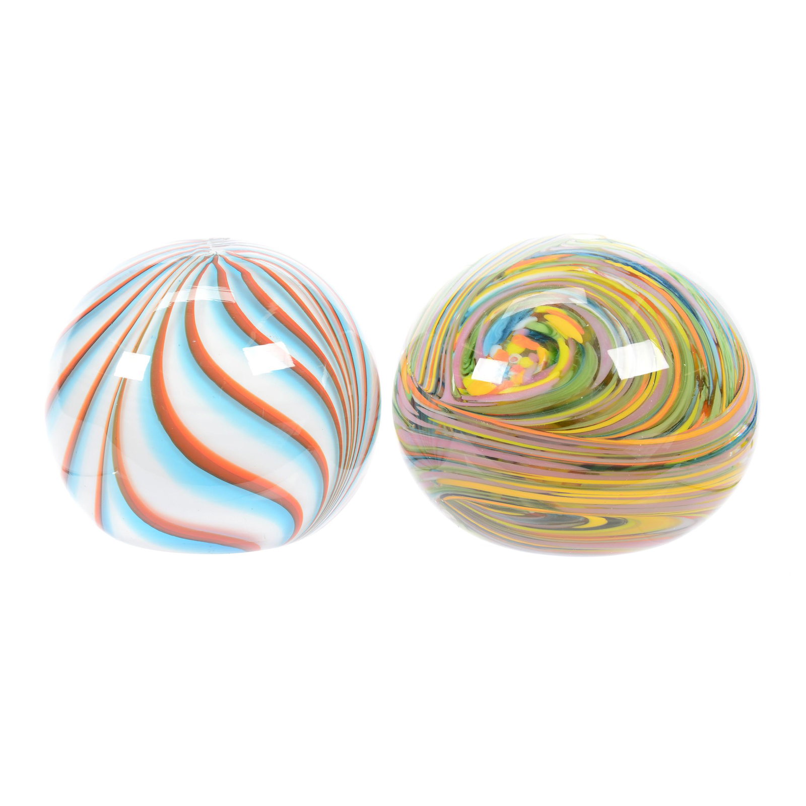 (2) Doorstop Paperweights: (2) Doorstop Paperweights - (1) 4.75" Diameter, Marked Albany #1921, Multi-Color Swirl Design, (1) 4.5" Diameter, Blue, White, Brown, and Orange Pulled Feather Design, Estate of Virginia Dillard