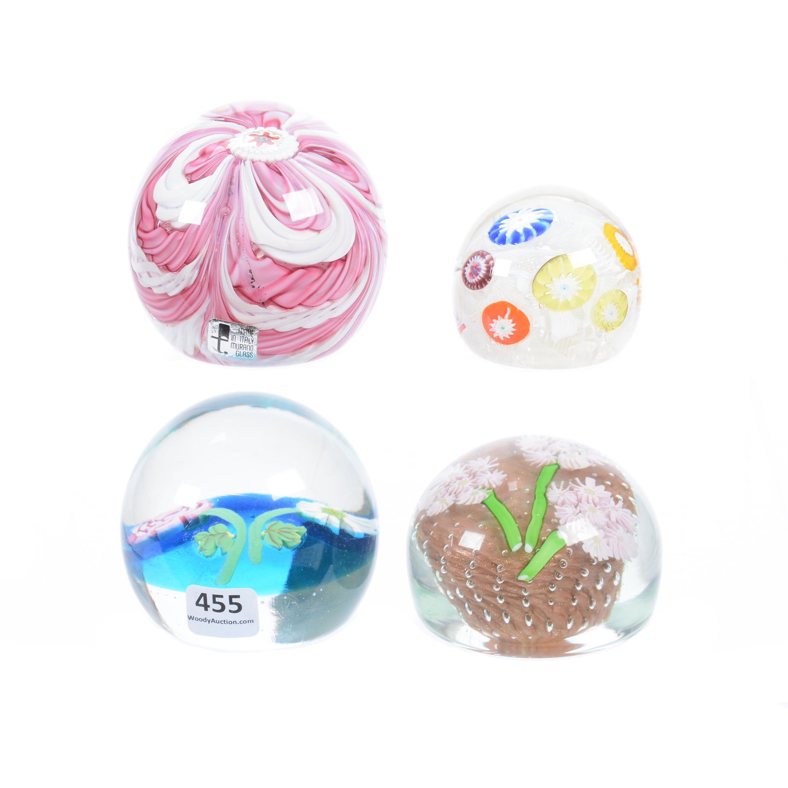 (4) Paperweights, Murano Glass, Paper Labels: (4) Paperweights, Murano Glass, Paper Labels, (1) 3" Diameter, Pink and White with Millefiori Center, (1) 3" Diameter, Clear with Blue Field, Rose and Daisy Decor, (1) 3.25" Diameter, Clear with Gold 