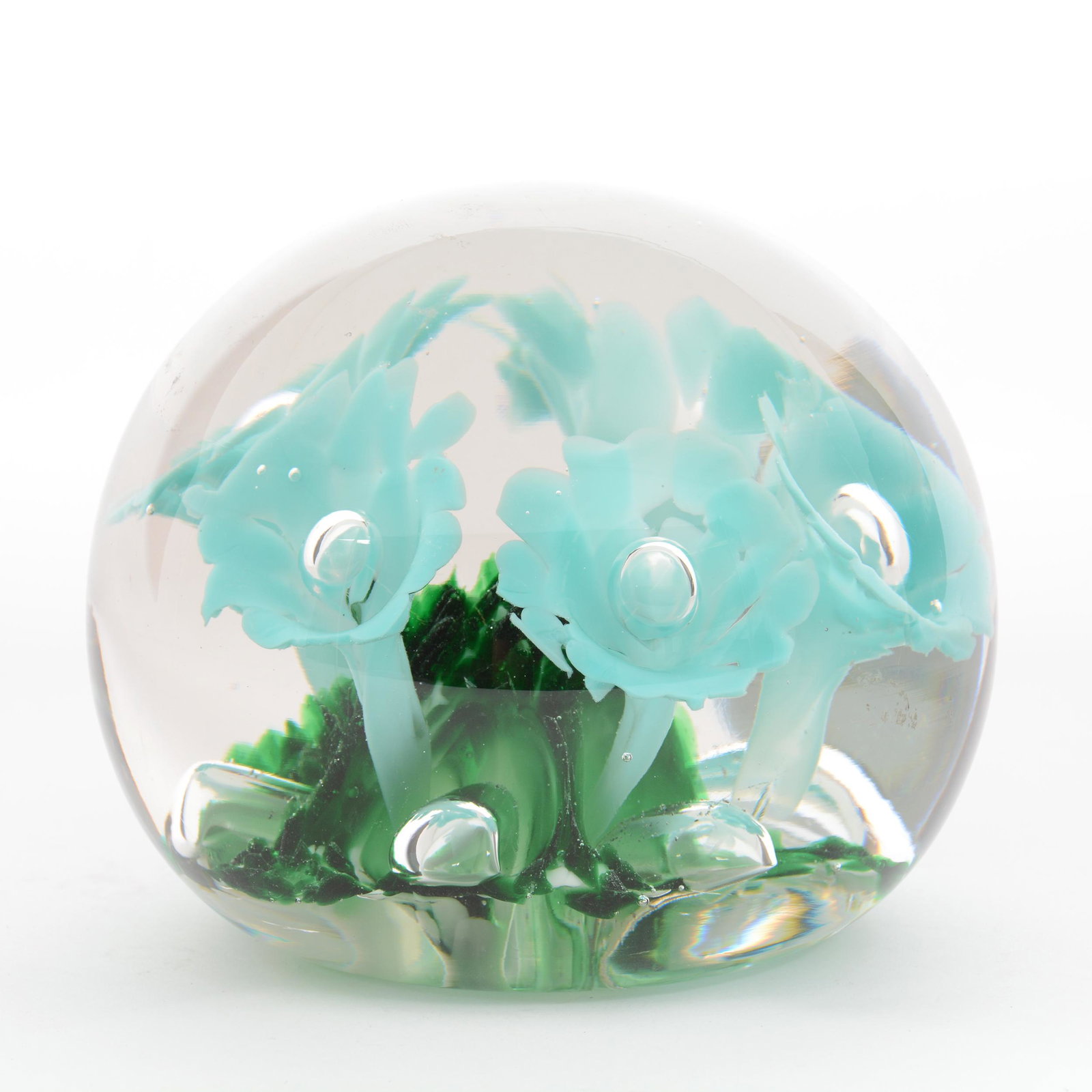 Paperweight, Doorstop Size, Signed Gibson 1987: Paperweight, Doorstop Size, Signed Gibson 1987, 4.5"Height X 5.5" Diameter, Green Ground with Five Floral Blossom and Controlled Bubble Design, Estate of Virginia Dillard