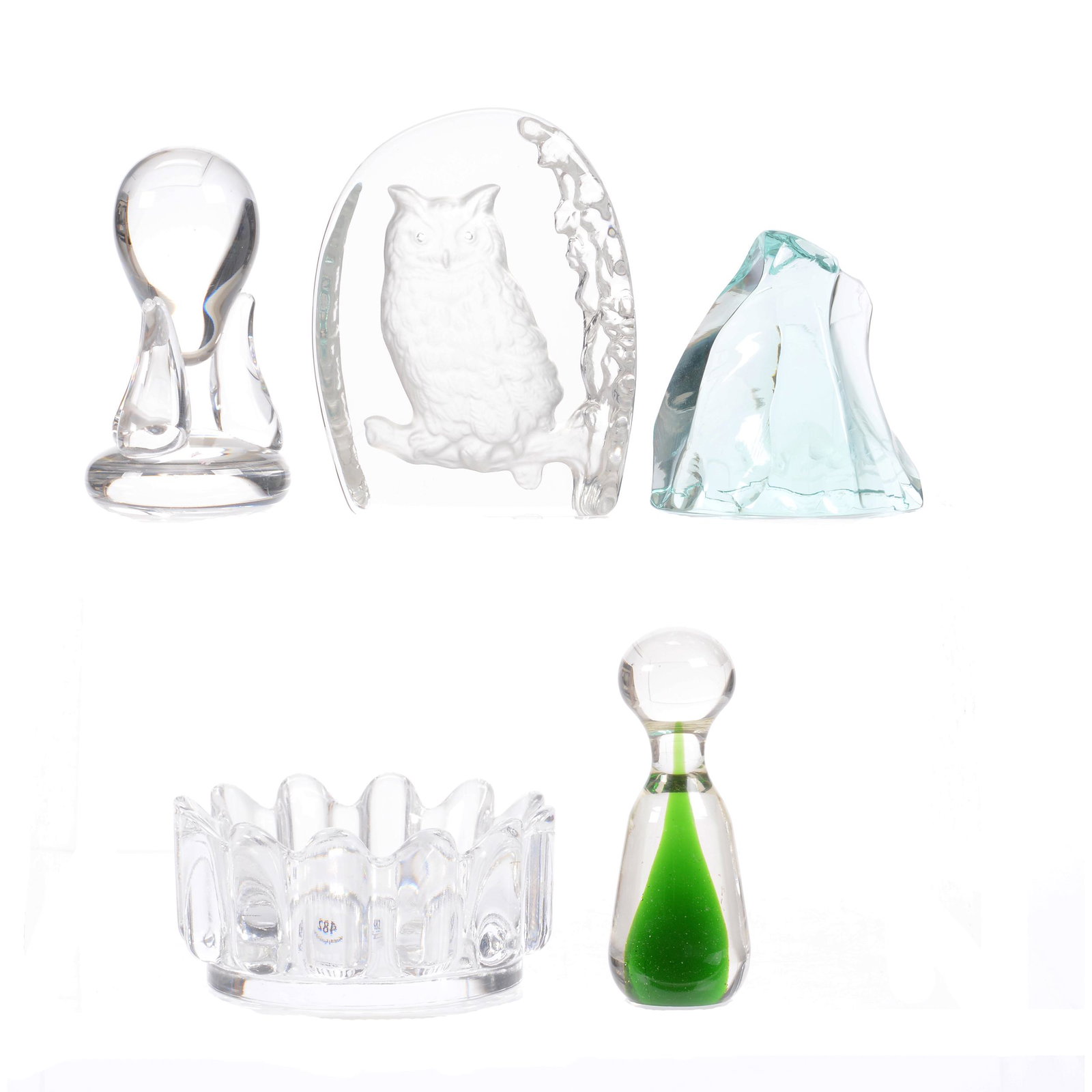(5) Paperweights & Assorted Glass Items: (5) Paperweights and Assorted Glass Items, (1) 4.5" Paperweight, Owl Marked Wedgwood, (1) 4" Figural Clear Crystal, Unmarked, (1) 4.25" Orrefors Ashtray, (1) 4" Sculpture with Green Highlights, (1) Sw