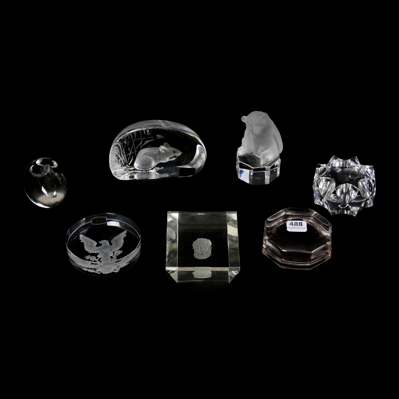 (7) Paperweights, Clear Crystal: (7) Paperweights, Clear Crystal, Sizes From 4.75" to 3" Diameter, Includes (1) Mats Jonasson Signed Mouse Design, (1) Val St. Lambert Signed American Eagle, (1) Kosta Boda with Alexander Graham Bell, 