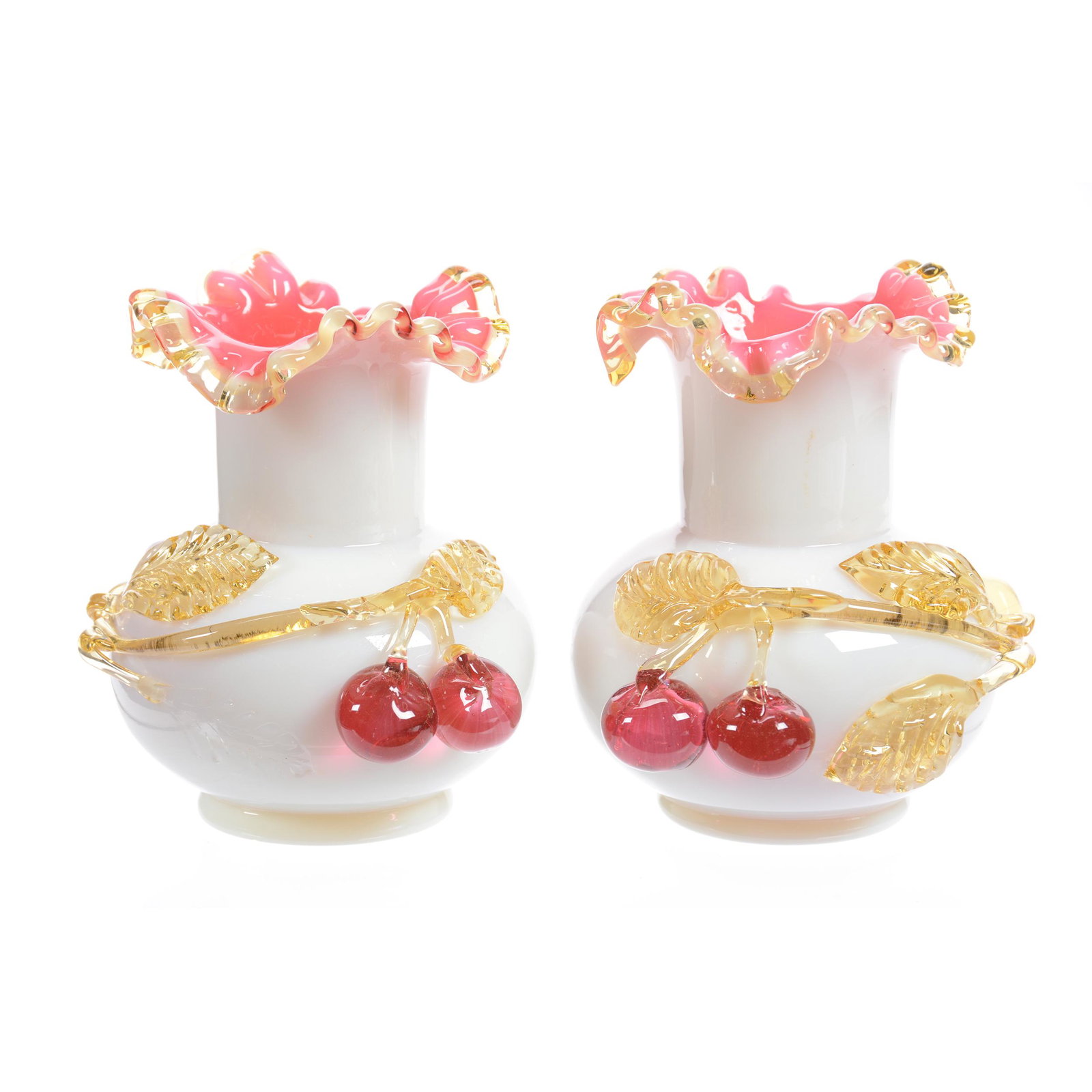 Pair Stevens & Williams Art Glass Vases: Pair Stevens and Williams Art Glass Vases, 4.5", White Exterior with Pink Interior, Applied Cherry Branch Decor, Mirror Images, One Vase has Leaf That Needs Re-Attached, Private Collection, SD