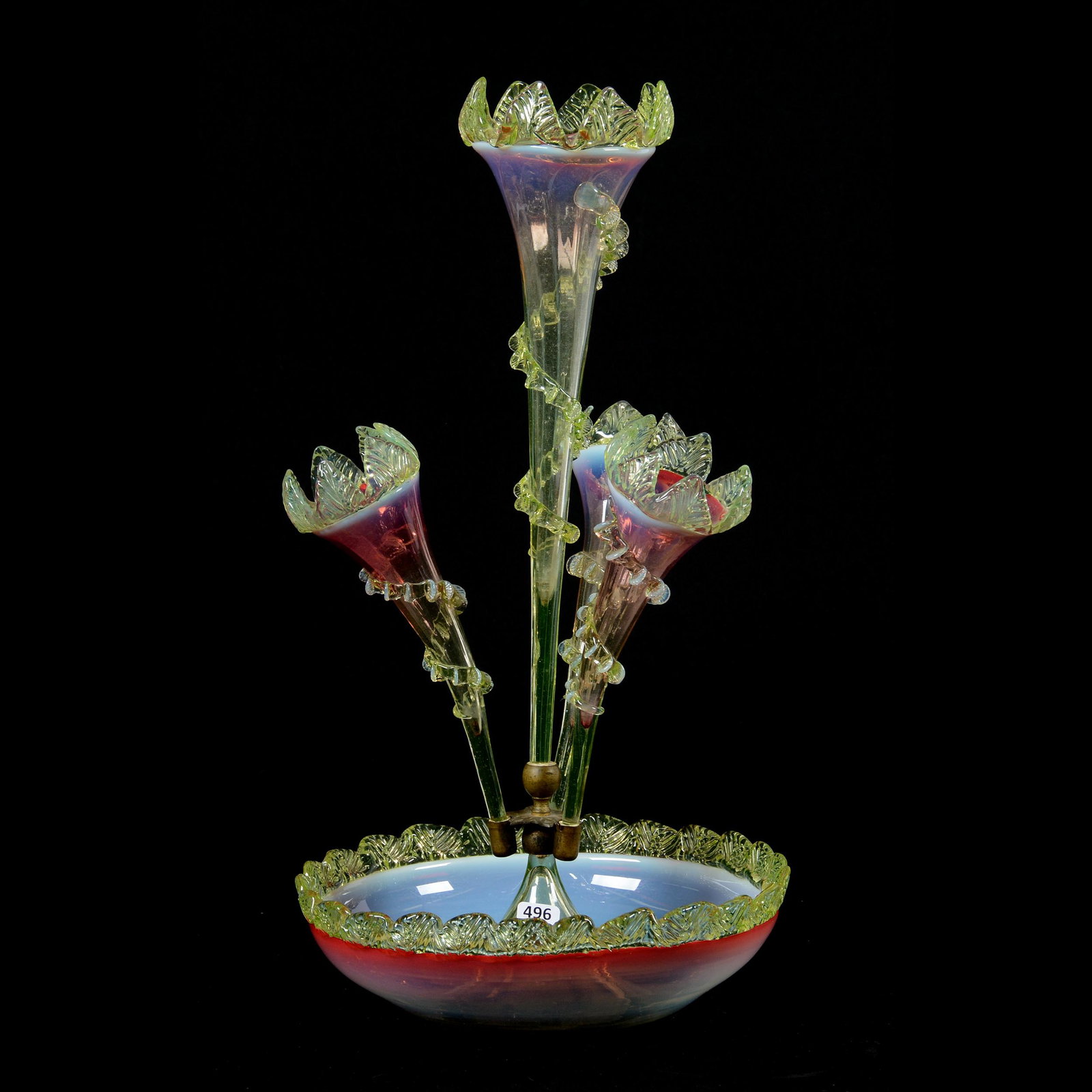 Epergne, Four Lily, Art Glass: Epergne, Four Lily, Art Glass, 19" X 10", Cranberry Opalescent Shading to Vaseline, Applied Vaseline Rigoree, Bowl has 2" Long Crack on Rim, Lilies in Good Condition, Private Collection, SD