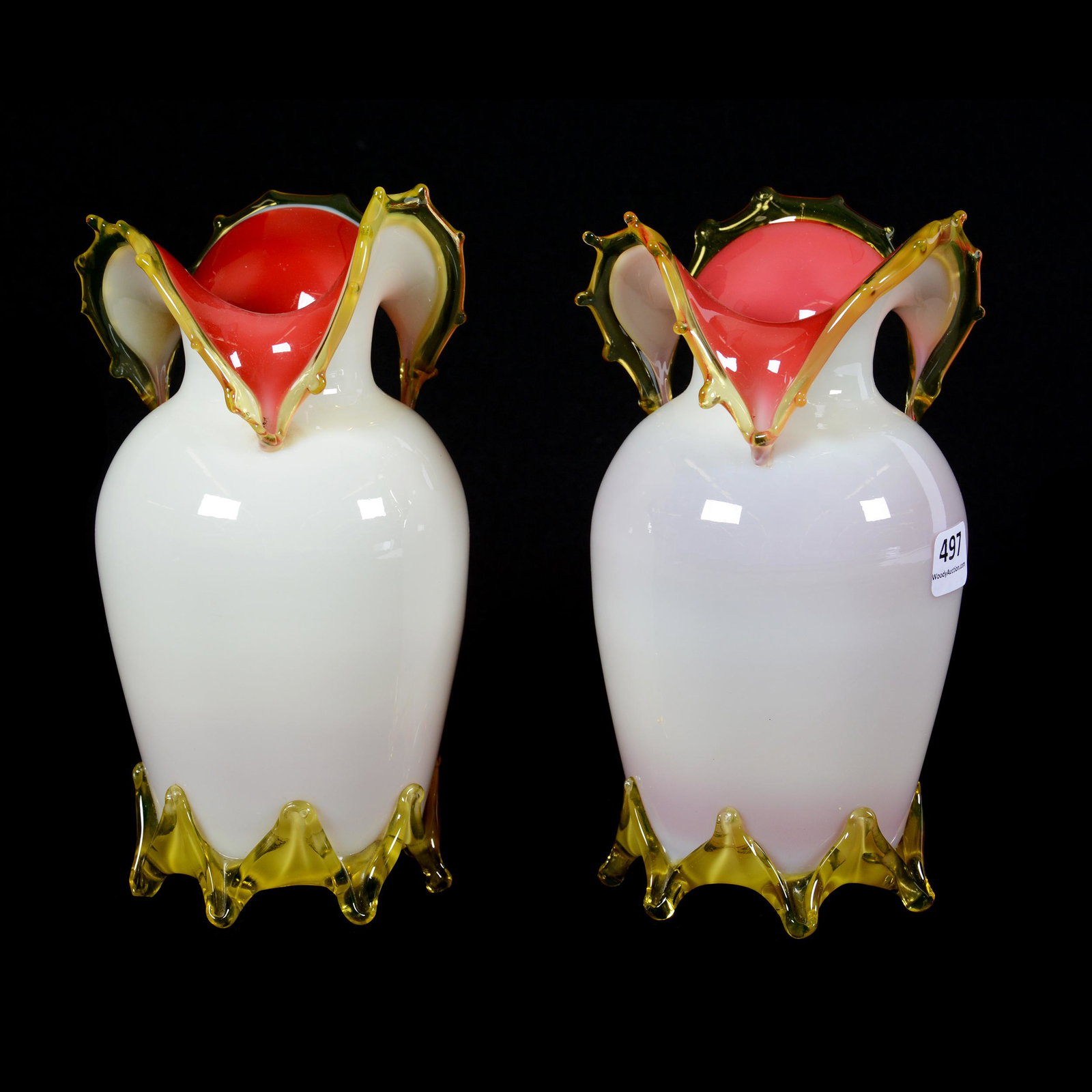 Pair Art Glass Vases: Pair Art Glass Vases, 7.5", Attributed to Stevens and Williams, White Exterior, Pink Interior, Applied Vaseline Rim and Feet, Polished Pontil Base, Private Collection, SD