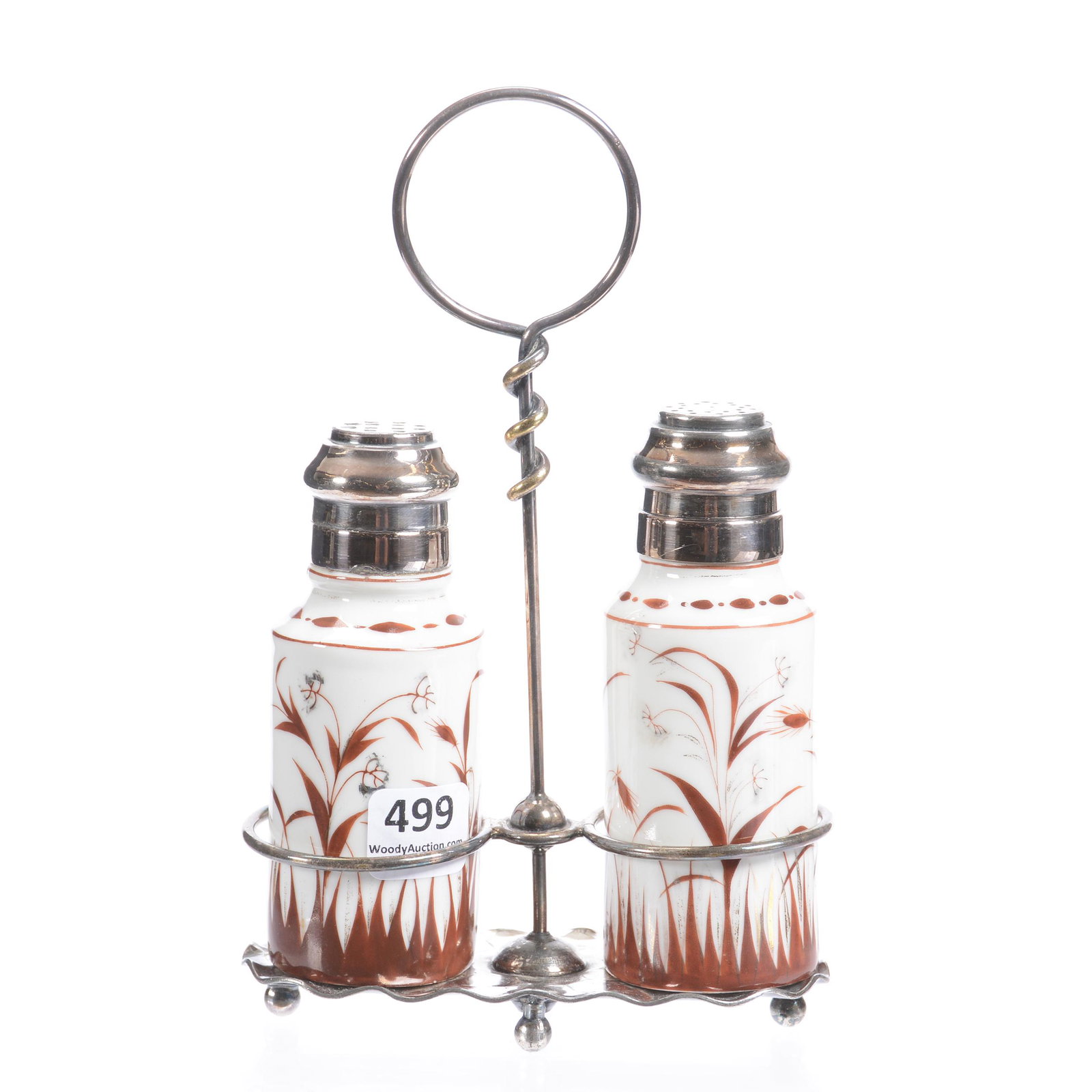 Pairpoint Condiment Set: Pairpoint Condiment Set, 7" X 4.5", Salt and Pepper with Grass and Blossom Decor, Set on Marked Pairpoint #722 Silverplate Frame, Frame Stem Is Loose Needs Mended, Private Collection, NE