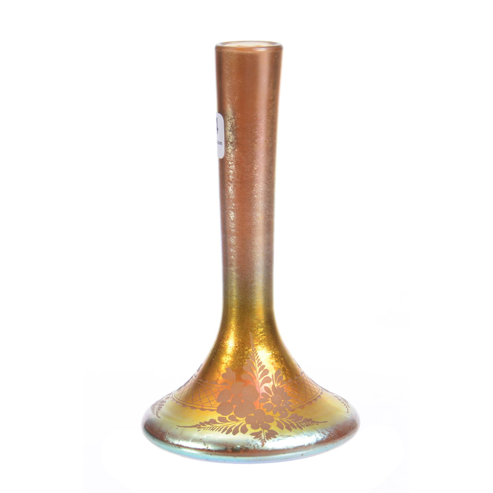 Unmarked Steuben Aurene "Vase": Unmarked Steuben Aurene Atomizer, 6.25", Engraved Floral Highlights, Fake "LCT" Mark on Base, Rim has Been Cut Down and Polished to create a "vase", Private Collection, KS