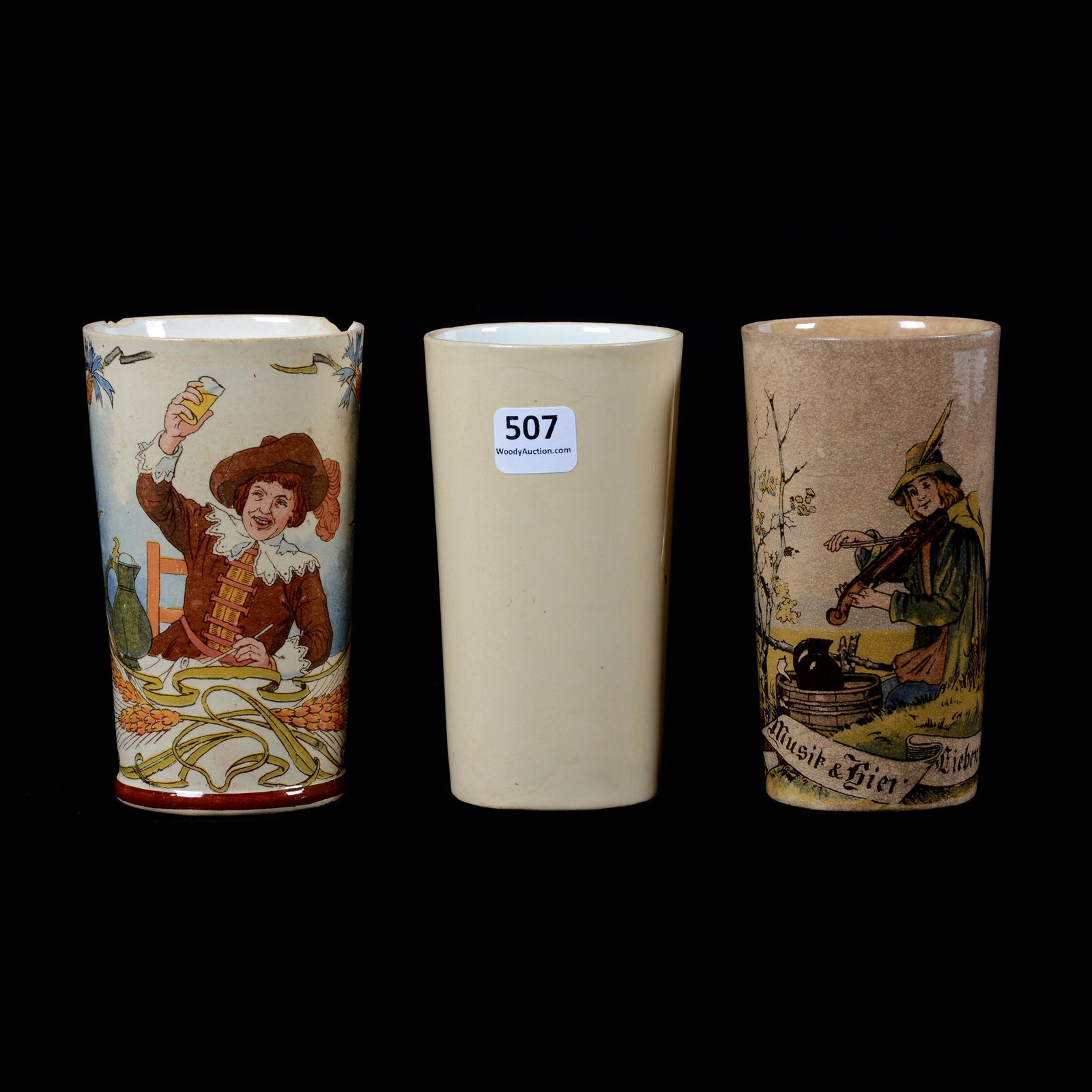 (3) Villeroy & Bach Beakers, Quarter Liter: (3) Villeroy and Bach Beakers, Quarter Liter, 5", (1) #1023, Handled, Violin Player, has Dark Stains, Good Condition, (1) #1092, Cavalier, Two Rim Chips, (1) Undecorated #2327, Private Collection, KS