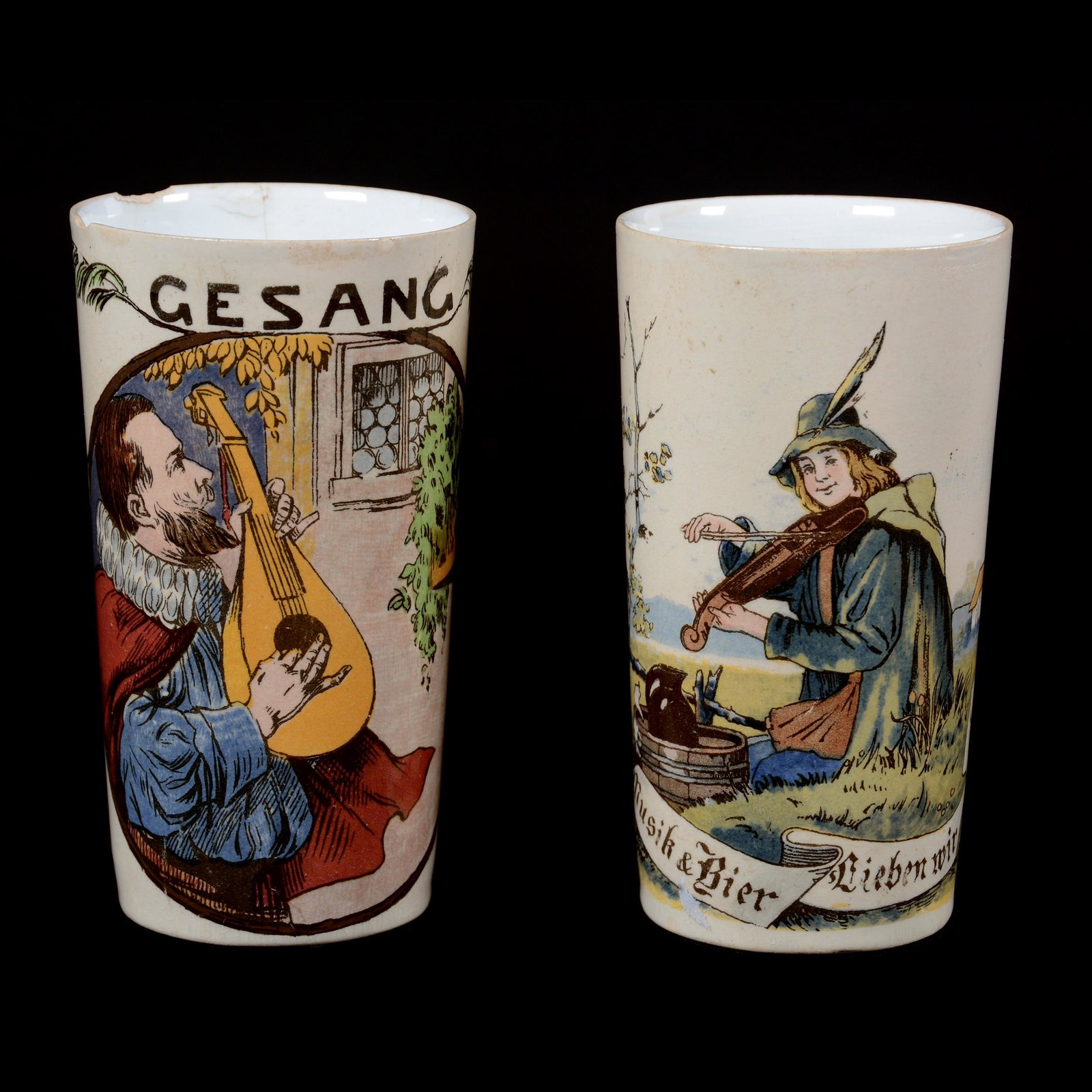 (2) Villeroy & Bach Beakers, Quarter Liter: (2) Villeroy and Bach Beakers, Quarter Liter, 5", (1) #1023 Violin Player, (1) #1179 Lute Player, Rim Chips, Private Collection, KS