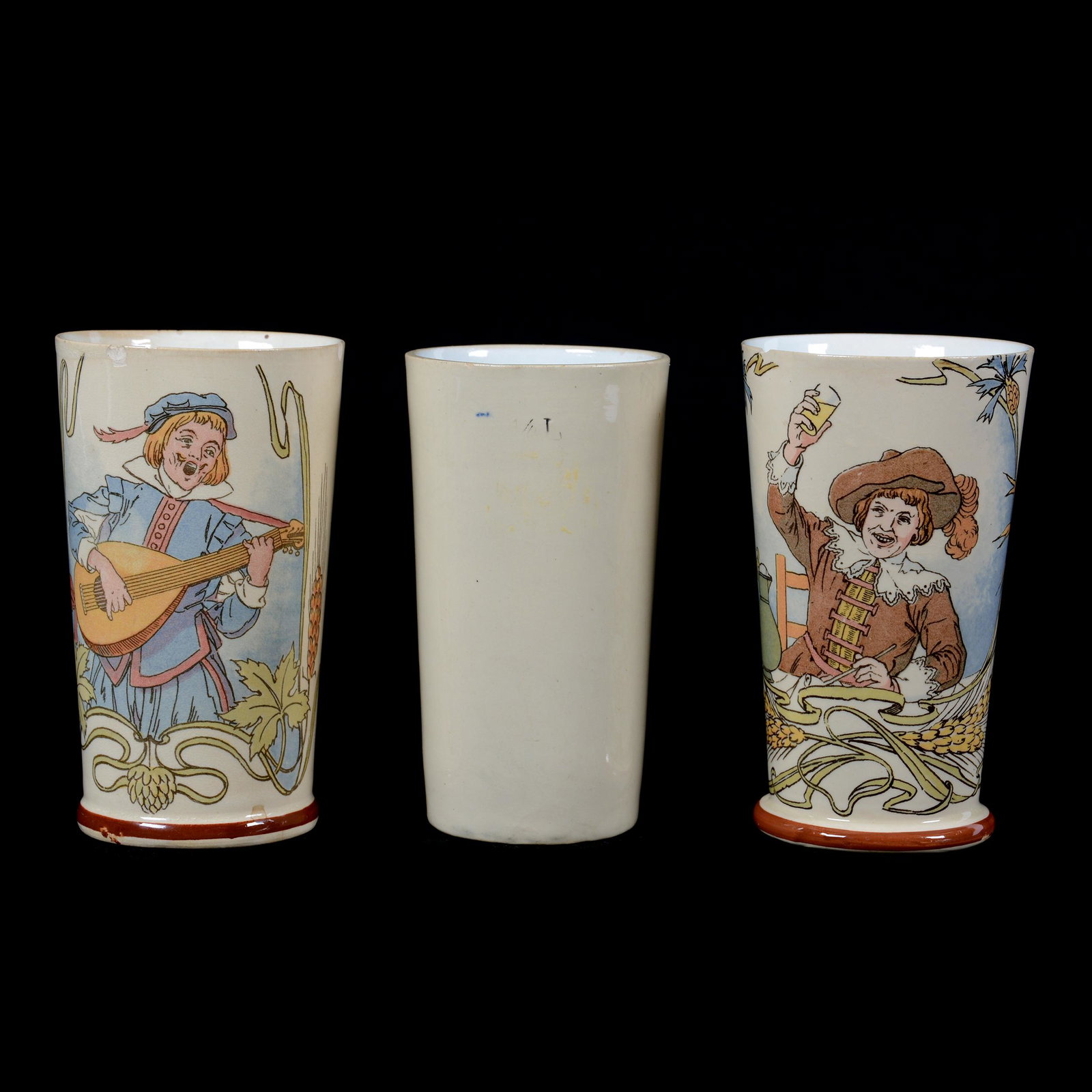 (3) Villeroy & Bach Beakers, Quarter Liter: (3) Villeroy and Bach Beakers, Quarter Liter, 5", (1) #1092, Cavalier, (1) #1093, Lute Player, Outside Rim Chip, (1) Undecorated #2327, Private Collection, KS