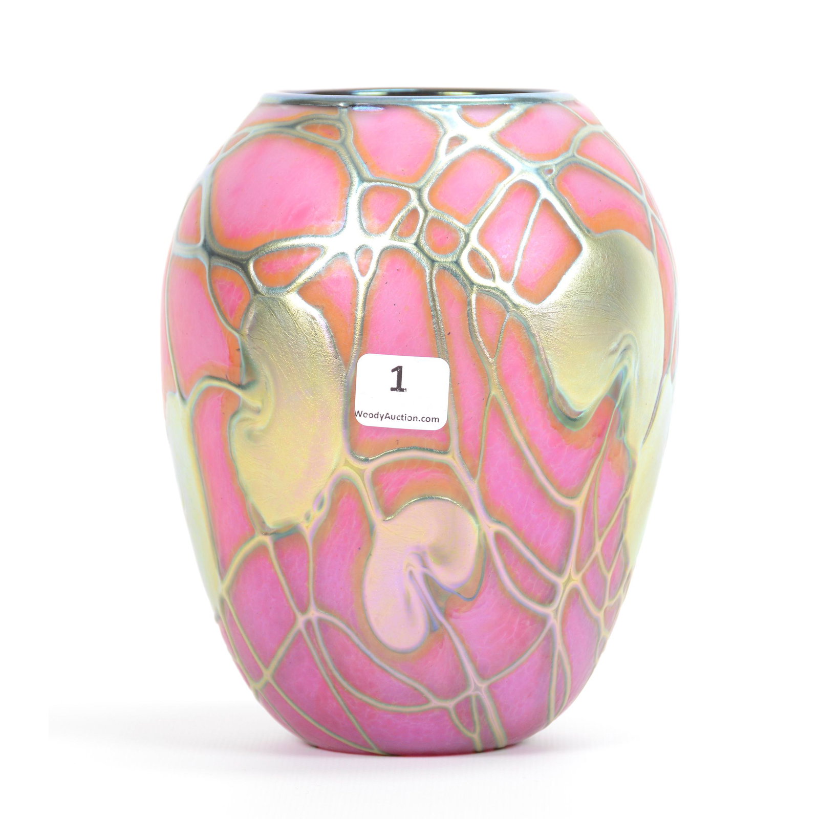 Vase, Contemporary Art Glass Signed Charles Lotton: Vase, Contemporary Art Glass Signed Charles Lotton, 6.25" X 4.75", Dated 1987, Pink Iridescent Background with Gold Heart and Vine Design; the Collection of Mrs. R. and the Late Dr. S. Alexander.