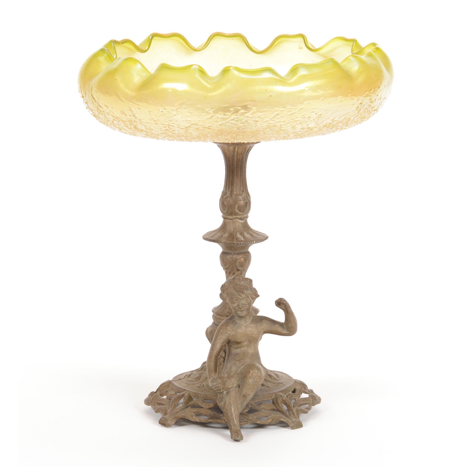 Victorian Art Glass Centerpiece: Victorian Art Glass Centerpiece, 10.5" X 9", Green and White Iridescent Ruffled Overshot Bowl Mounted on Figural Metal Base with Child; the Collection of Mrs. R. and the Late Dr. S. Alexander.