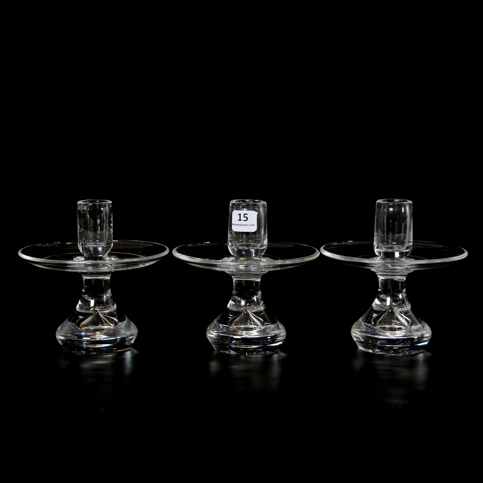 (3) Crystal Clear Candlestick Holders Signed Steuben: (3) Crystal Clear Candlestick Holders Signed Steuben, 5" X 5", Teardrop Base; the Collection of Mrs. R. and the Late Dr. S. Alexander.
