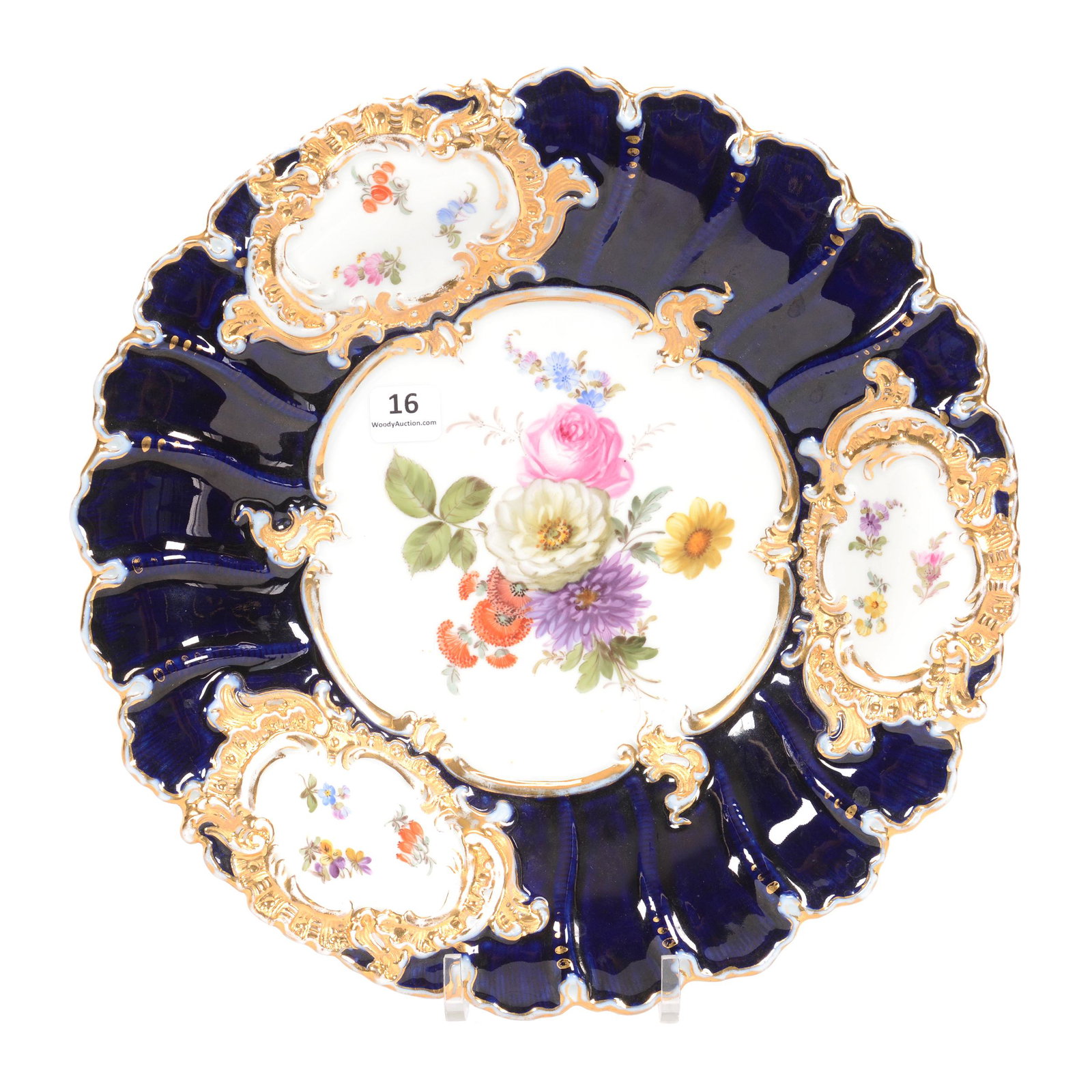 Plate Marked Meissen (Blue Crossed Swords): Plate Marked Meissen (Blue Crossed Swords), 11.5", Cobalt Blue Border, Hand Painted Colorful Floral Decor on White Background, Gold Trim; the Collection of Mrs. R. and the Late Dr. S. Alexander.