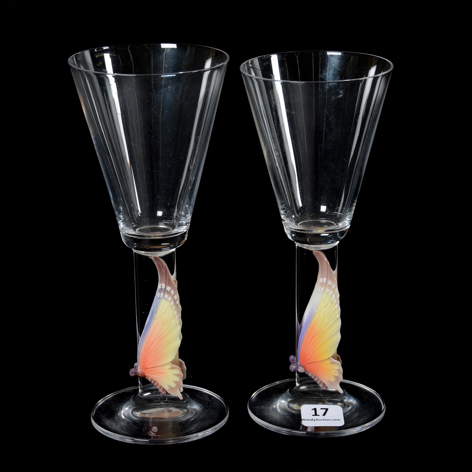 (2) Modern Glass Stems Marked Franz: (2) Modern Glass Stems Marked Franz, Figural Butterfly Stems, (1) 7.75", (1) 7.5"; the Collection of Mrs. R. and the Late Dr. S. Alexander.