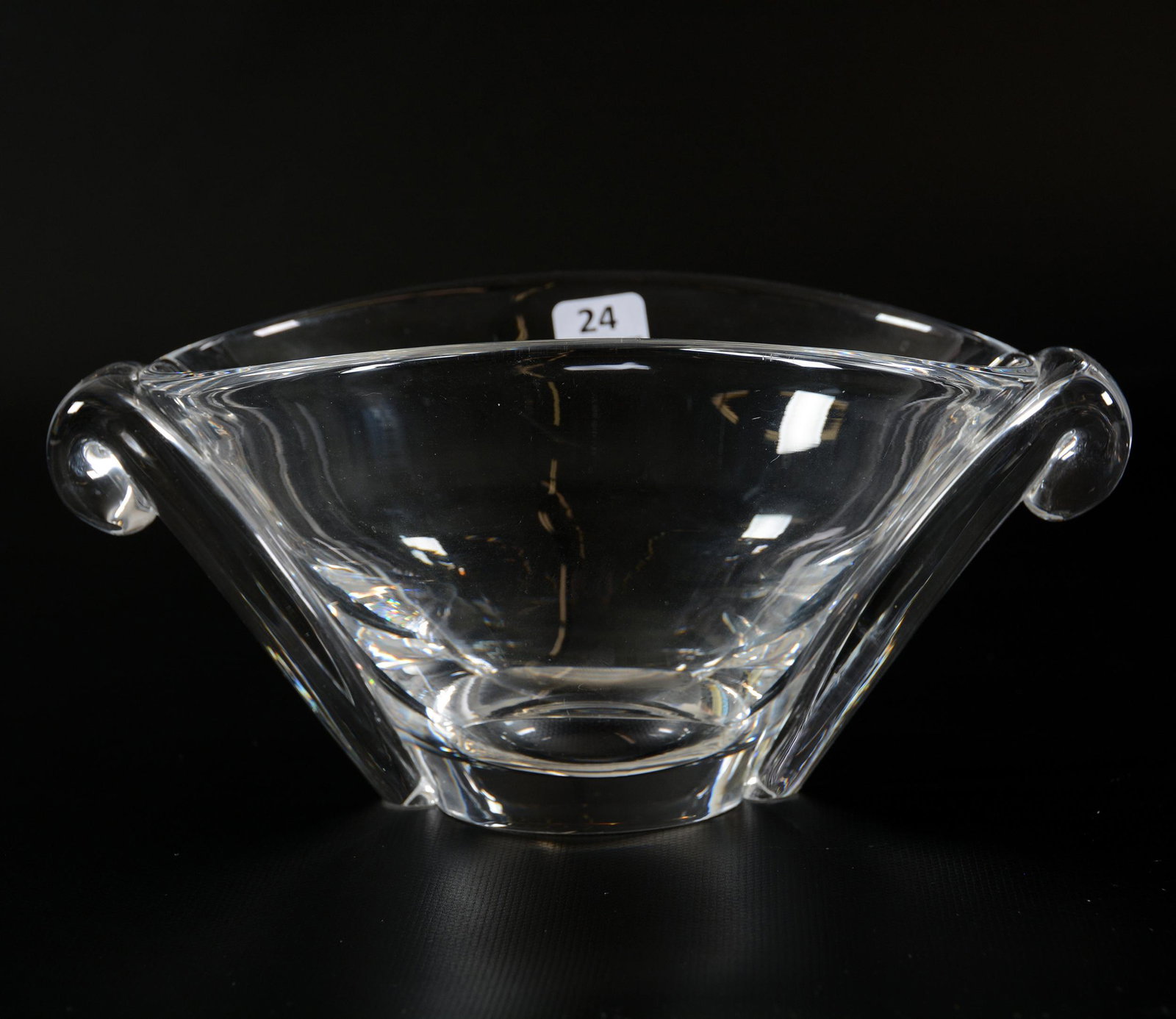 Art Glass Oval Bowl Signed Steuben: Art Glass Oval Bowl Signed Steuben, 4.5" X 9.5", Crystal Clear Blank with Two Ribbed Handles; the Collection of Mrs. R. and the Late Dr. S. Alexander.