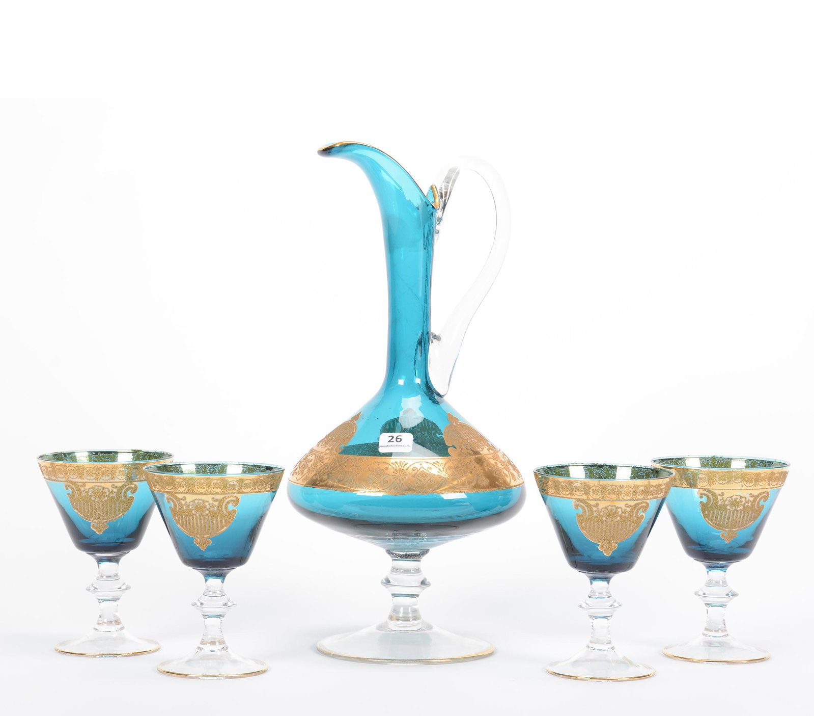 Decanter Set, Pedestal: Decanter Set, Pedestal, (1) 13.5" Sapphire Blue Decanter with Gold Acid Etched Highlights and (4) Matching 5.25" Stems, Decanter is Missing Its Stopper; the Collection of Mrs. R. and the Late Dr. S. A