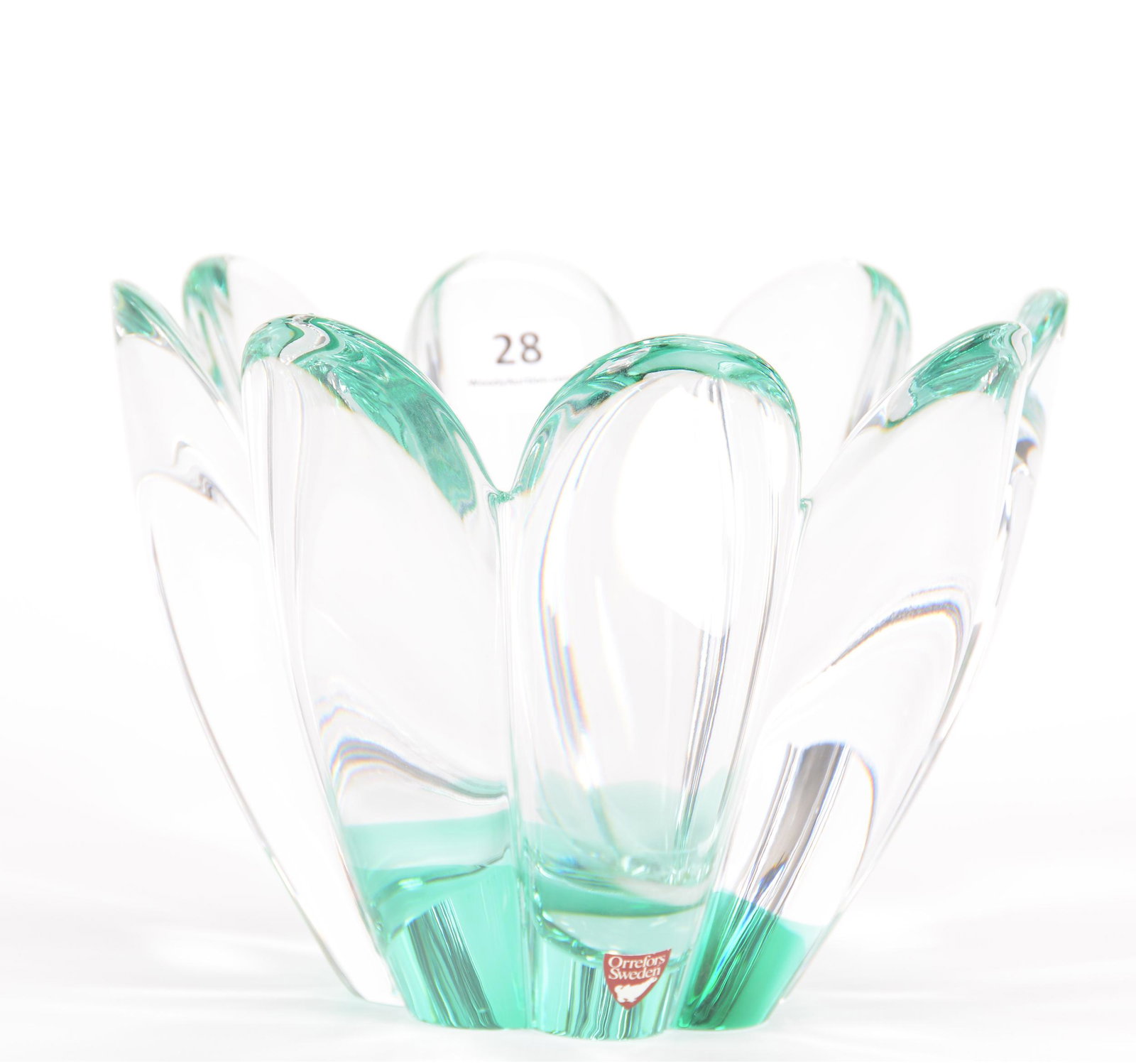 Glass Bowl Signed Orrefors: Glass Bowl Signed Orrefors, 5" X 6.75", (8) Ribbed Petals with Splash of Green in Center; the Collection of Mrs. R. and the Late Dr. S. Alexander.