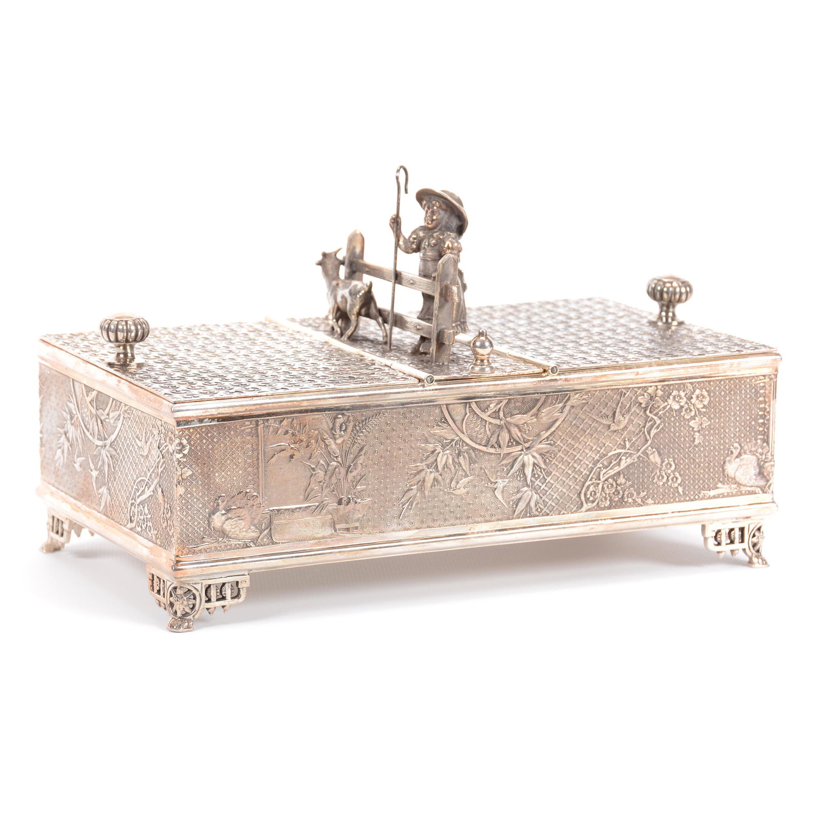 Humidor, Silverplate Marked Meriden #2700: Humidor, Silverplate Marked Meriden #2700, 5.75" X 9.75" X 5.5", Features Kate Greenaway Little Bo Peep Figure on Top, Double Sided with Two Lids, Embossed Birds, Branch & Turkey Design on Sides, Nice