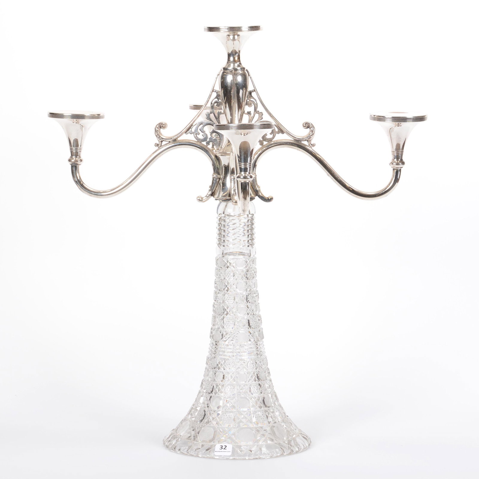 Candelabra, Four Arm, American Brilliant Cut Glass: Candelabra, Four Arm, American Brilliant Cut Glass, 22" X 19.5", Harvard Pattern Skirted Base, Silverplate Candle Arms; the Collection of Mrs. R. and the Late Dr. S. Alexander.