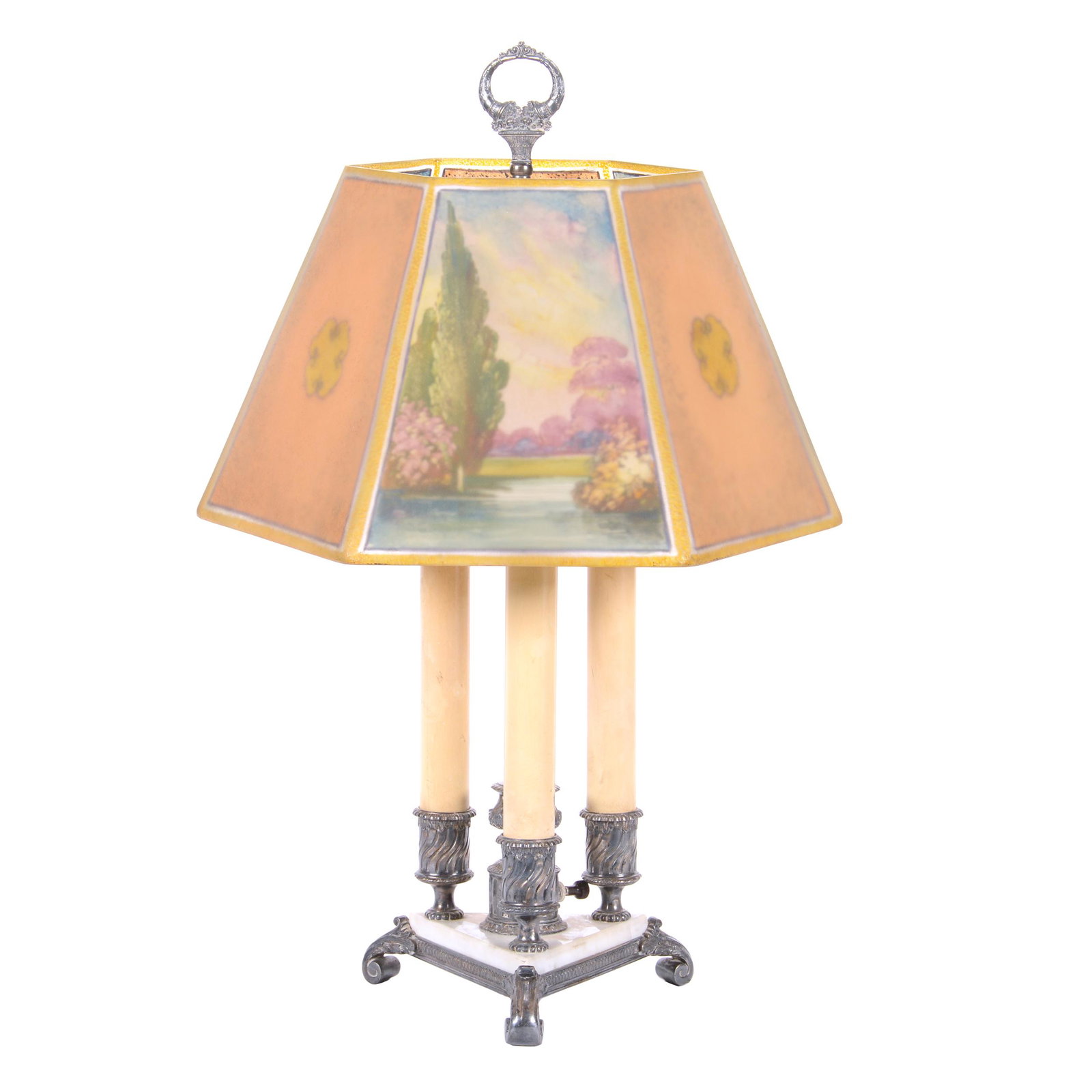 Pairpoint Table Lamp with Directoire Shade: Pairpoint Table Lamp with Directoire Shade, 25" X 15", Pairpoint Directoire Shade is Artist Signed "C. Durand", Base Marked Pairpoint #3012, Electrified Three Light Base, Shade has Panels with Tree an