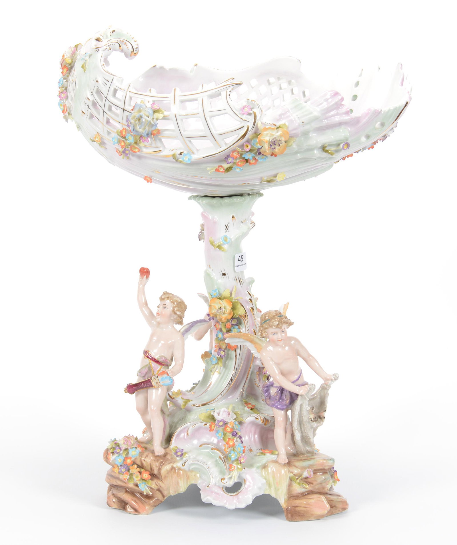 Centerpiece Marked Coburg Porcelain, Ca. 1865-1911: Centerpiece Marked Coburg Porcelain, Circa 1865-1911, 18" X 13", Features Three Full Figure Cherubs on Base with One Catching Fish, One Pouring Mead, One Holding a Heart, Surprisingly Good Condition; 