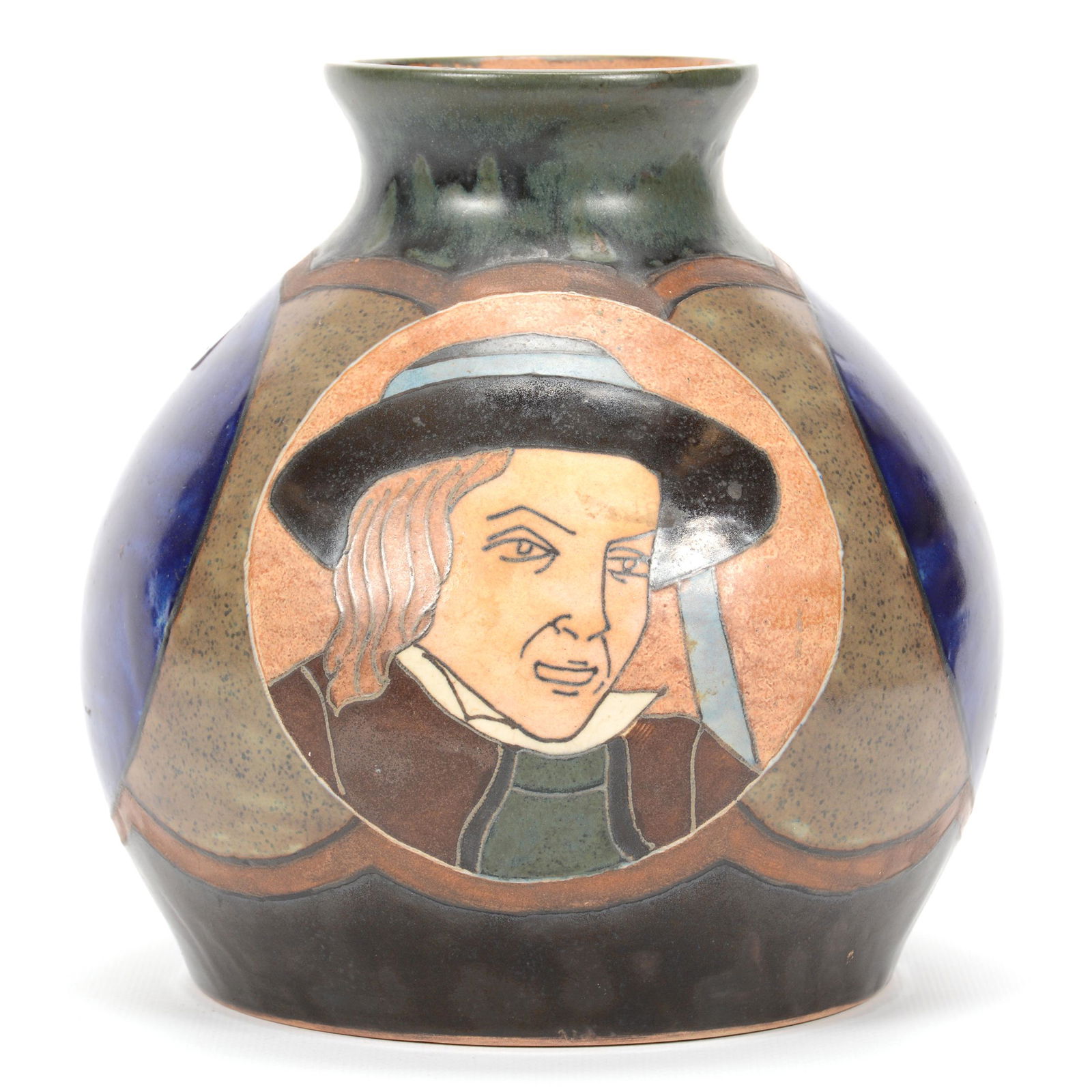 Quimper Odetta Art Pottery Vase: Quimper Odetta Art Pottery Vase, 7.75" X 7.5", also has "HB" Mark, Circa 1925, Portrait with Cobalt Blue, Green and Gray Tones; the Collection of Mrs. R. and the Late Dr. S. Alexander.