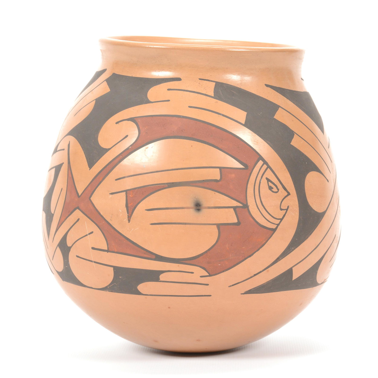 Mata Ortiz Pot, Artist Signed "Rafael Silveria": Mata Ortiz Pot, Artist Signed "Rafael Silveria", 8" X 7.5", Traditional Coloring with Fish Design; the Collection of Mrs. R. and the Late Dr. S. Alexander.