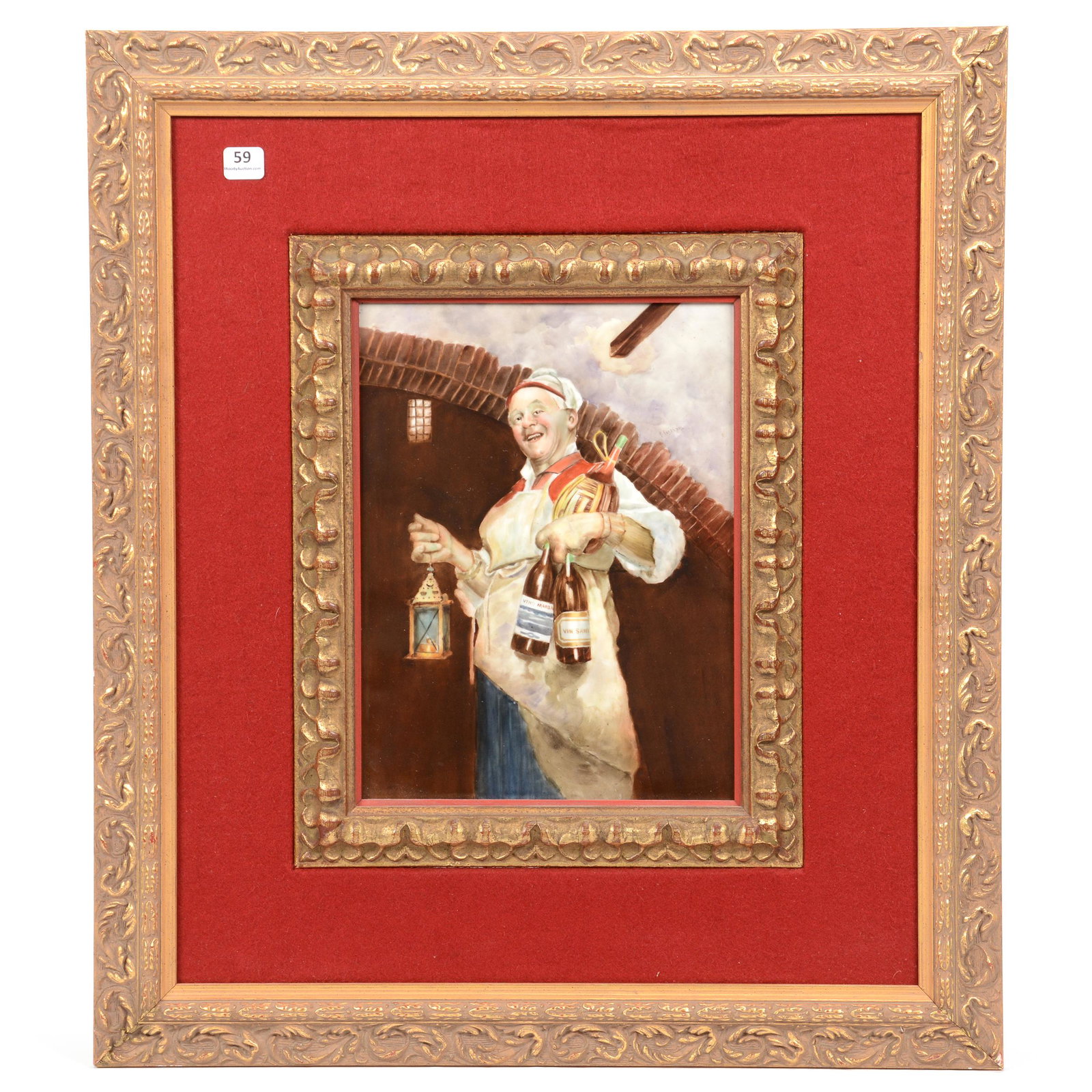 Porcelain Plaque, T&V Limoges, Hand Painted: Porcelain Plaque, T&V Limoges, Hand Painted, 11.25" X 8.5", Scene of Man Holding Lantern and French Wine Bottles, Mounted on Gilt Wooden and Fabric Frame Measuring 22.75" X 20" Overall; the Collection
