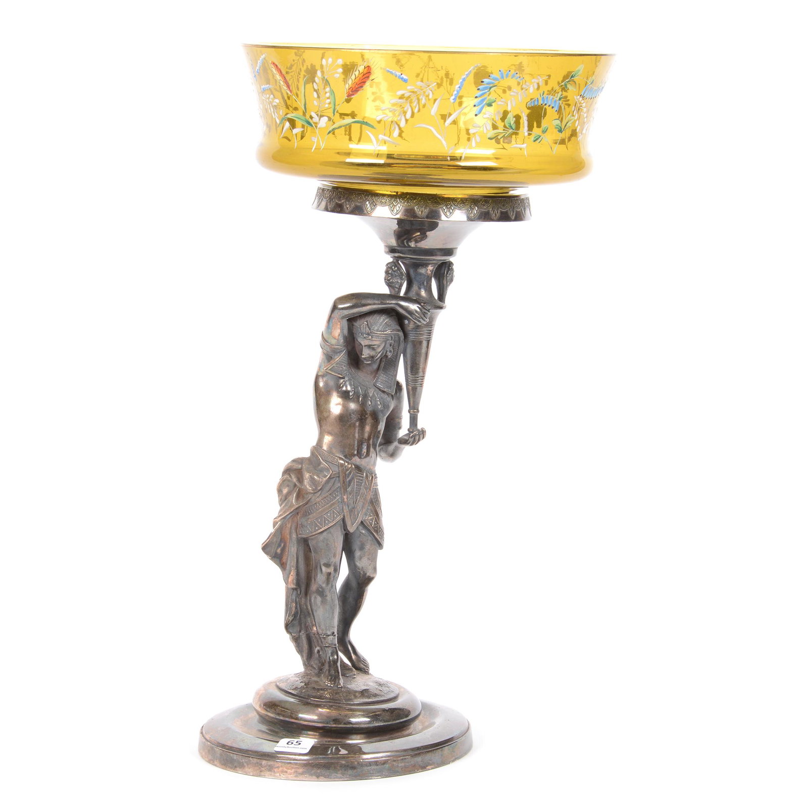 Victorian Brides Basket: Victorian Brides Basket, 17.25" X 9", Olive Green Art Glass Bowl with Colorful Enamel Floral Decor, Set on Taunton #65 Silverplate Figural Stand Featuring Full Figure Egyptian Male Holding Bowl Above 