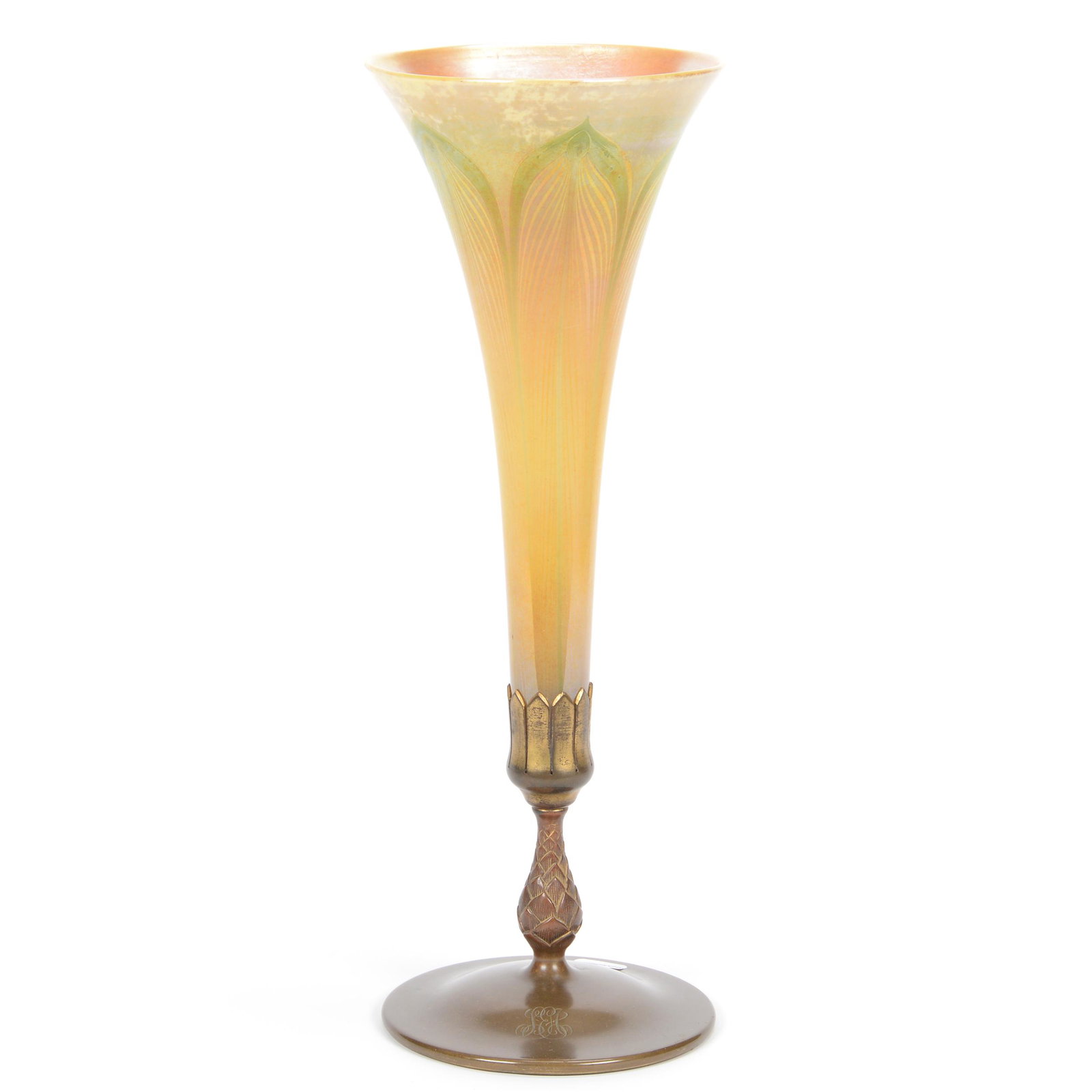 Tiffany Art Glass Trumpet Vase: Tiffany Art Glass Trumpet Vase, 14.5" X 5.5", Decorated Insert Signed "LCT", Pulled Feather Design, Set on Signed Tiffany Studios #1043 Bronze Base, Glass Insert has Some Chips at Base Which are Cover