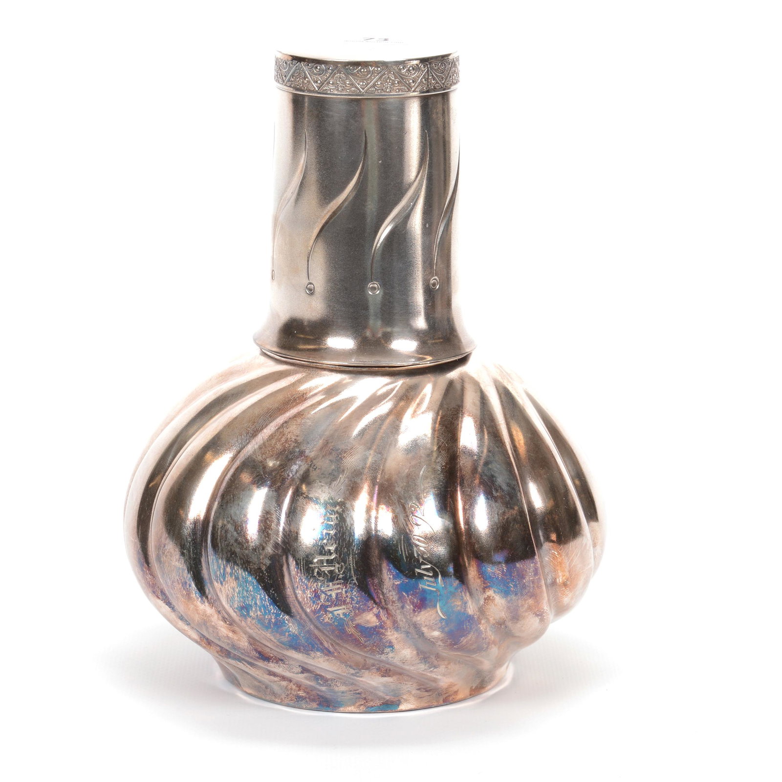 Tumble-Up, Silverplate Marked Rogers #1439: Tumble-Up, Silverplate Marked Rogers #1439, 8.5", Swirl Design with Matching Tumbler, Engraved "July 30, 1892"; the Collection of Mrs. R. and the Late Dr. S. Alexander.
