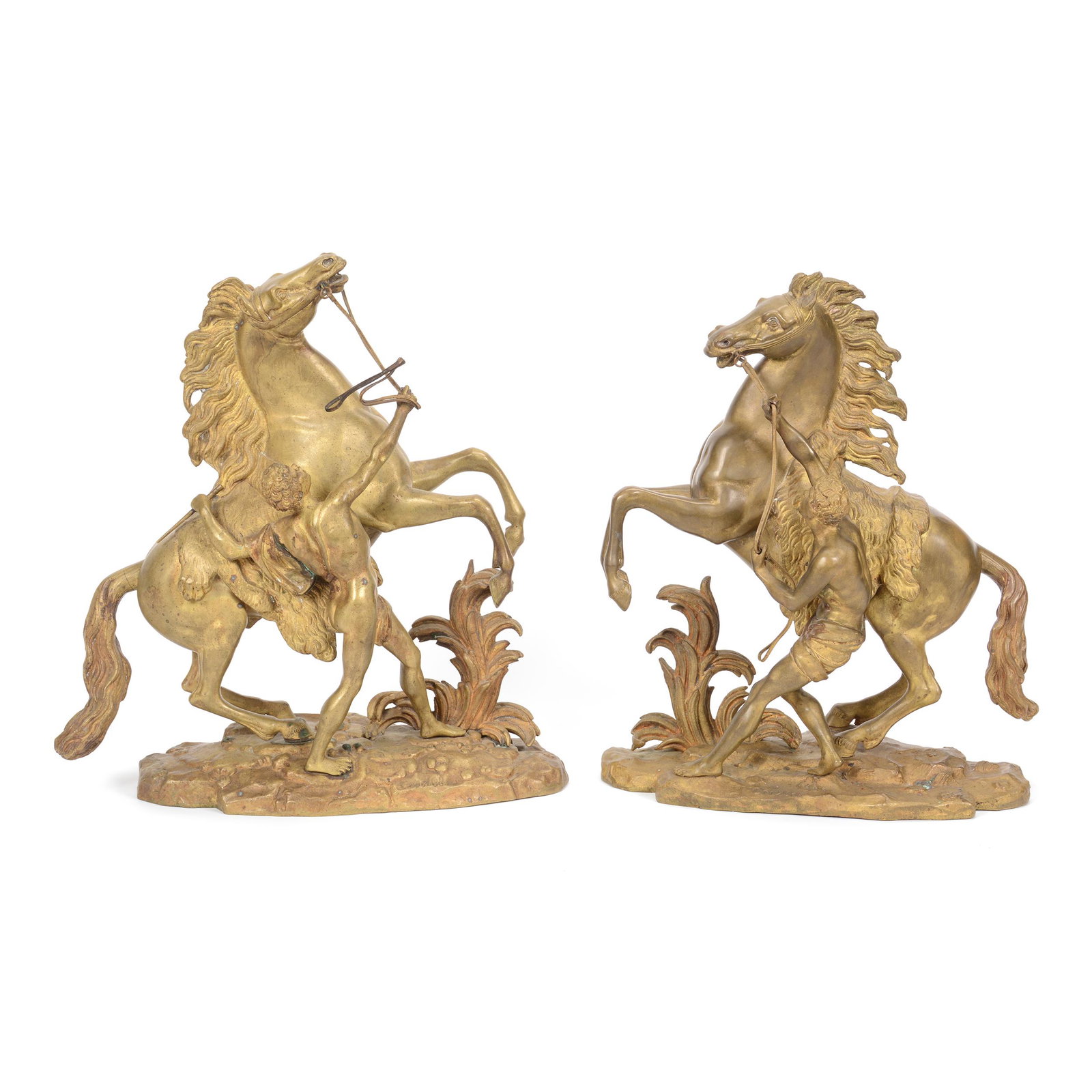 (2) Gilded Bronze Marly Horses after G. Coustou: (2) Gilded Bronze Marly Horses after G.Coustou, 15" X 13", Guilliaume Coustou (1677-1746), These Date to 20th Century, Rearing Horses with Grooms; the Collection of Mrs. R. and the Late Dr. S. Alexand