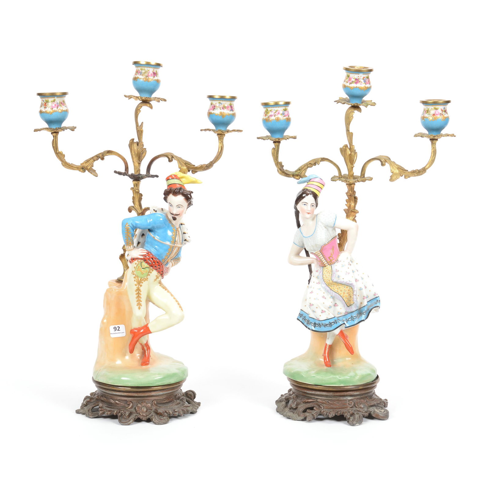 Pair Candelabra, Hard Paste Figural: Pair Candelabra, Hard Paste Figural, 20" X 11", Gypsies in Colorful Costumes, Unmarked, Gilt Metal Fittings, Man has Two Factory Base Separations; the Collection of Mrs. R. and the Late Dr. S. Alexand