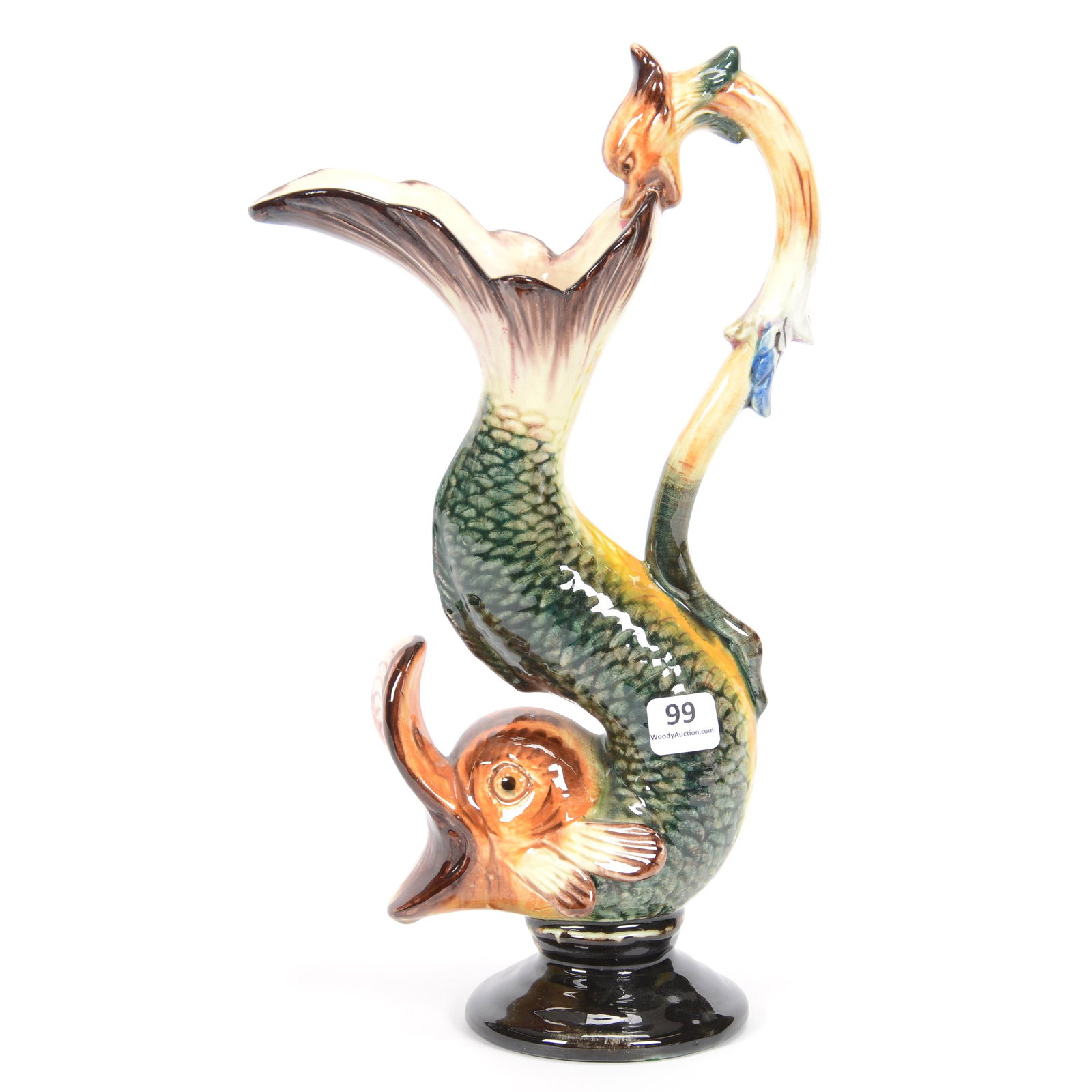 Ewer, Figural Majolica, Marked Made in Japan: Ewer, Figural Majolica, Marked Made in Japan, 12.25", Dolphin Form with Dolphin Handle; the Collection of Mrs. R. and the Late Dr. S. Alexander.