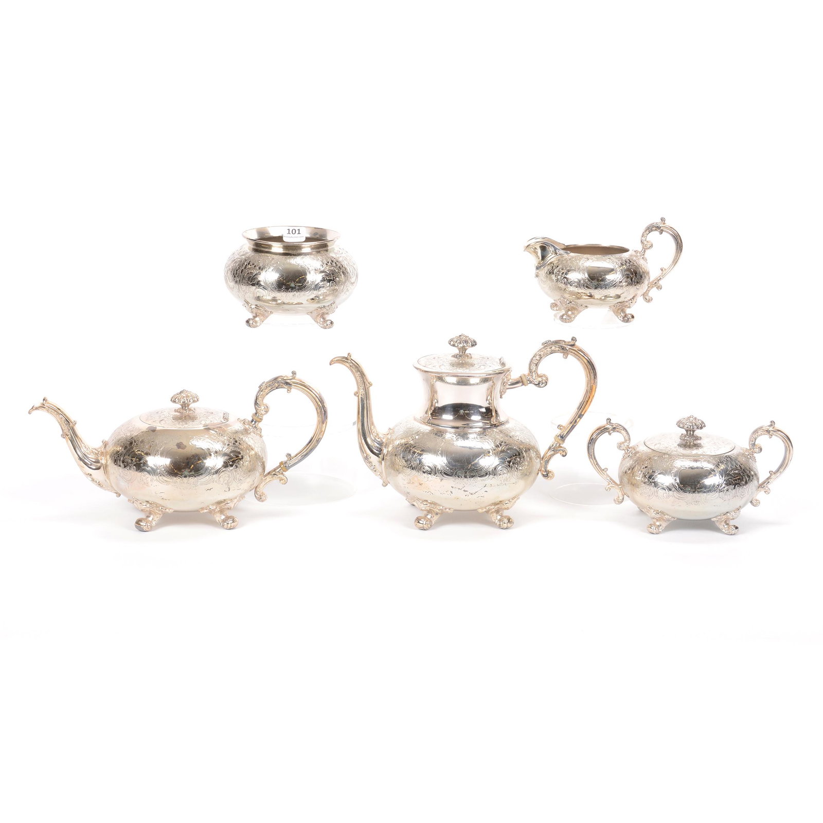 Tea Set, Five Piece Silverplate, Reed & Barton #3765: Tea Set, Five Piece Silverplate, Reed & Barton #3765, (1) 7.25" X 10" Coffee Pot, (1) 5.75" X 11" Tea Pot, (1) Creamer, (1) Sugar, and (1) Waste Bowl; the Collection of Mrs. R. and the Late Dr. S. Ale