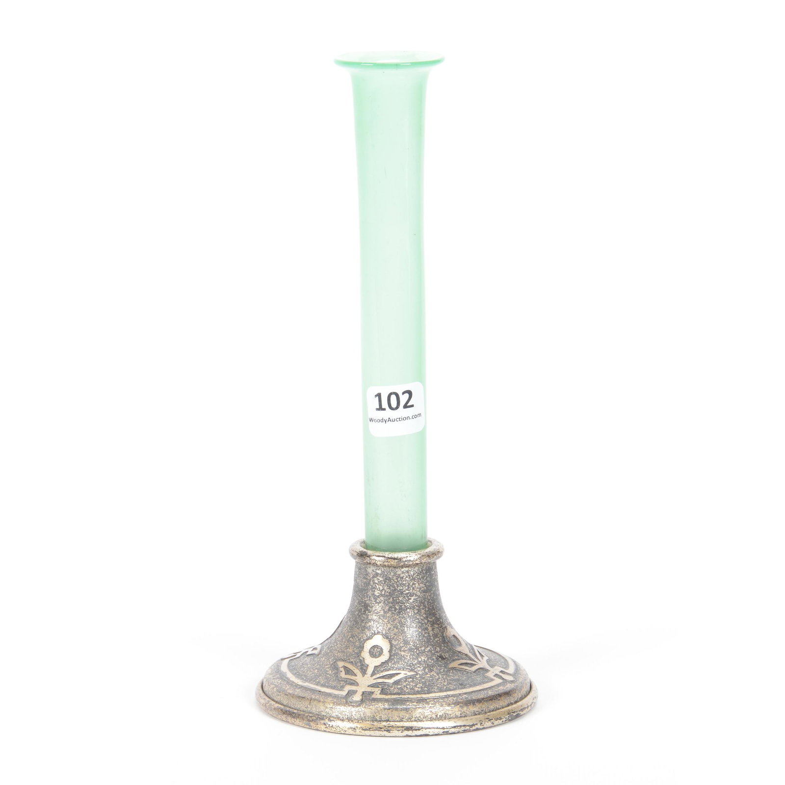 Bud Vase, Steuben Jade Green Art Glass: Bud Vase, Steuben Jade Green Art Glass, 8.75", Vase is Mounted on Sterling "Silver Crest #2021" Base; the Collection of Mrs. R. and the Late Dr. S. Alexander.