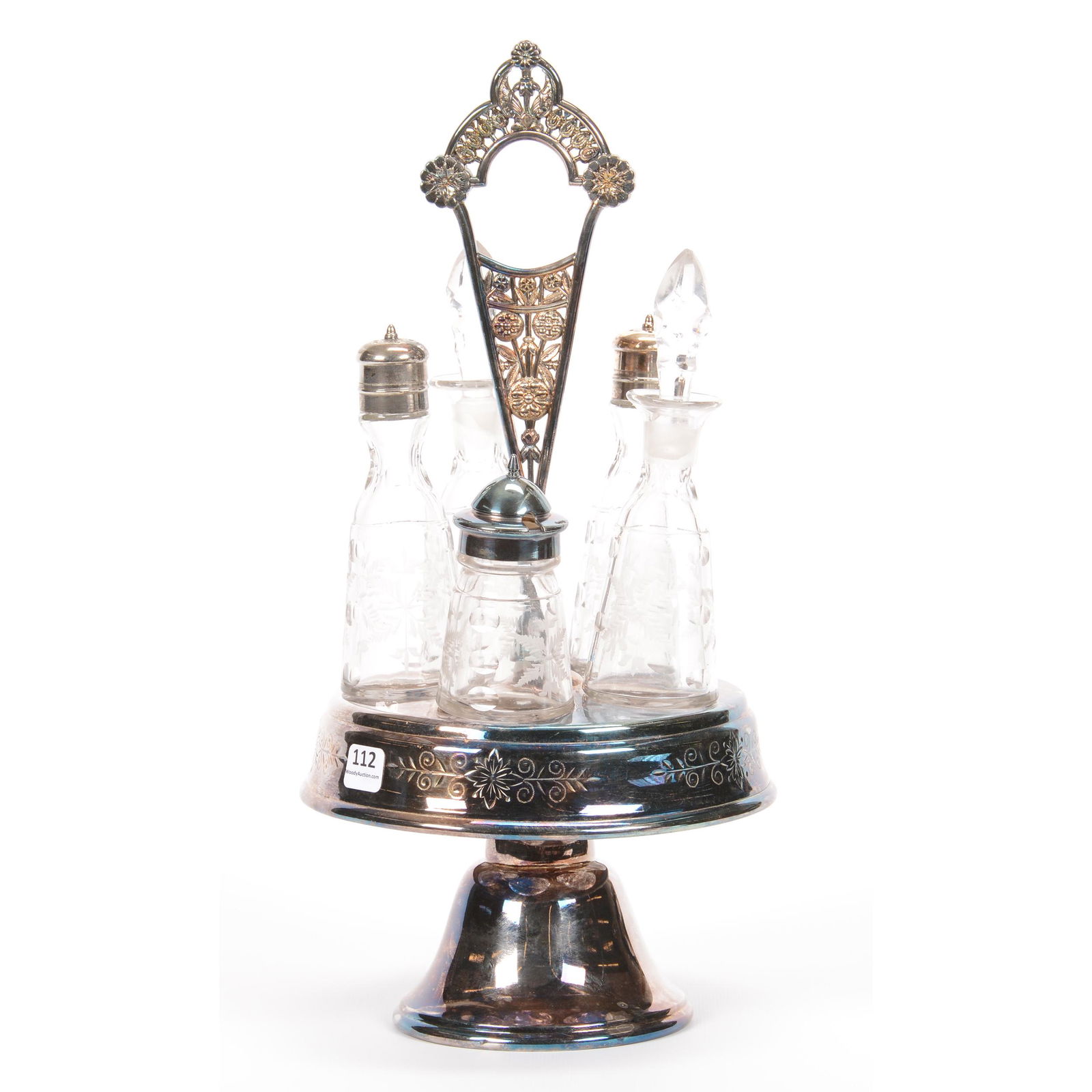 Victorian Castor Set, Five Clear Bottle Inserts: Victorian Castor Set, Five Clear Bottle Inserts, 15.75" X 7.5", Etched Fern Design, Set on Nice Silverplate Frame, Stopper Points & Plugs on Stoppers have Chips; the Collection of Mrs. R. and the Late