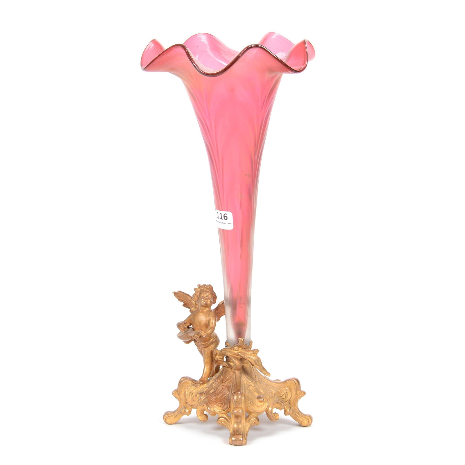 Art Glass Trumpet Vase, Cranberry Iridescent: Art Glass Trumpet Vase, Cranberry Iridescent, 14.25", Feather Design, Set in Gilt Figural Metal Base with Cherub Playing Mandolin; the Collection of Mrs. R. and the Late Dr. S. Alexander.