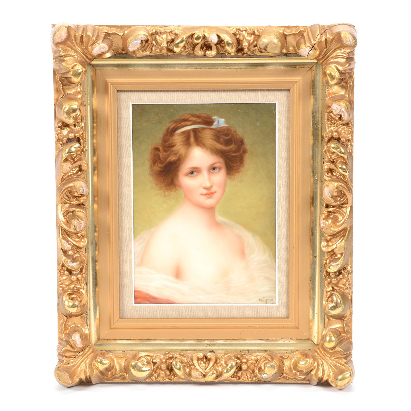 Porcelain Plaque Marked KPM, Artist Wagner: Porcelain Plaque Marked KPM, Artist Wagner, 7.25" X 5.5", Hand Painted Portrait of Young Woman, Artist Signed Wagner, Set in 11.5" X 9.5" Gilt Wooden Frame, Frame has Some Wear to Gilding, Very Nice P