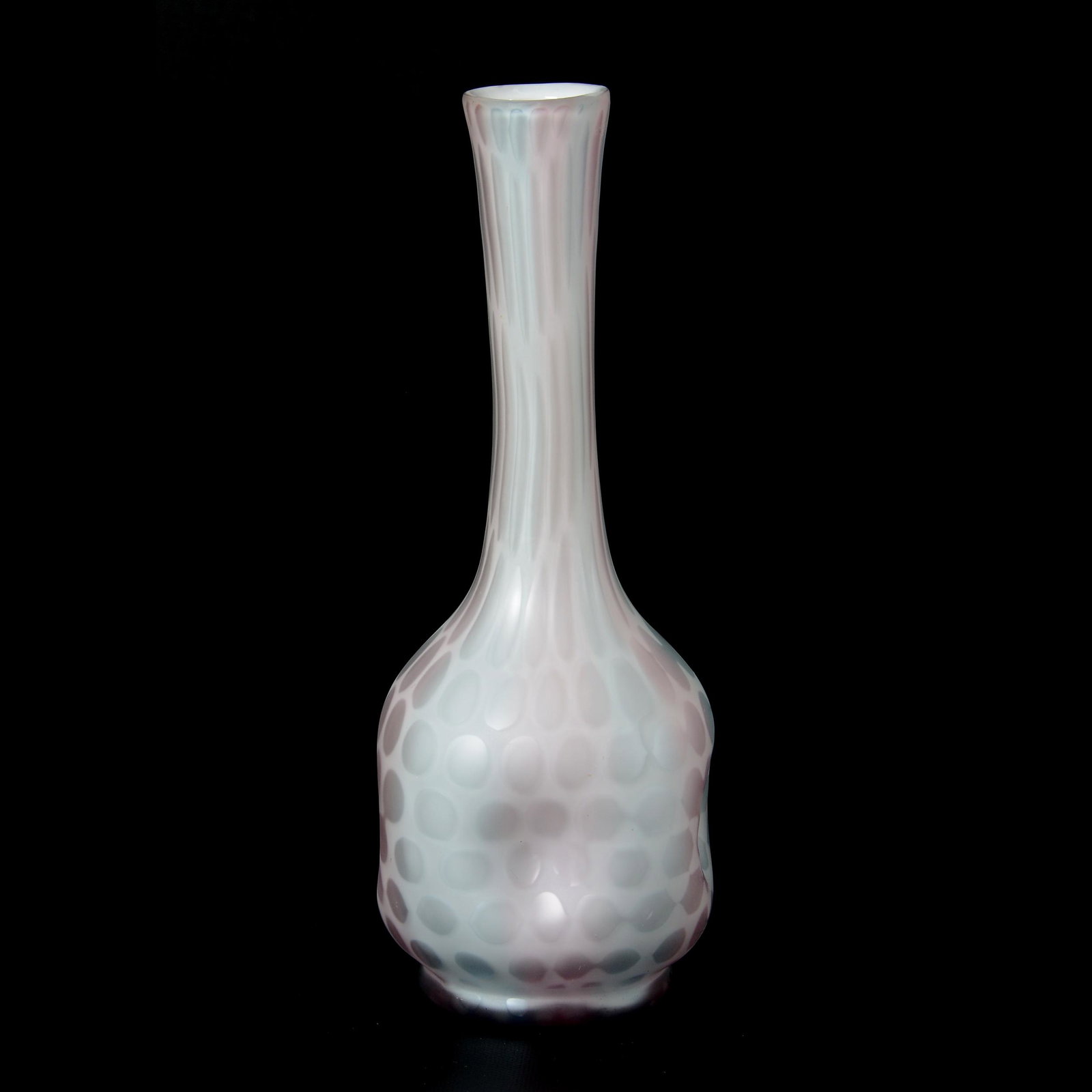 Vase, Pastel Pink & Blue Mother of Pearl Art Glass: Vase, Pastel Pink & Blue Mother of Pearl Art Glass, 12.75", Raindrop/Honeycomb Design, Four Dimpled Sides, One Bruise; the Collection of Mrs. R. and the Late Dr. S. Alexander. UPDATED 7-29-20 Spelled 