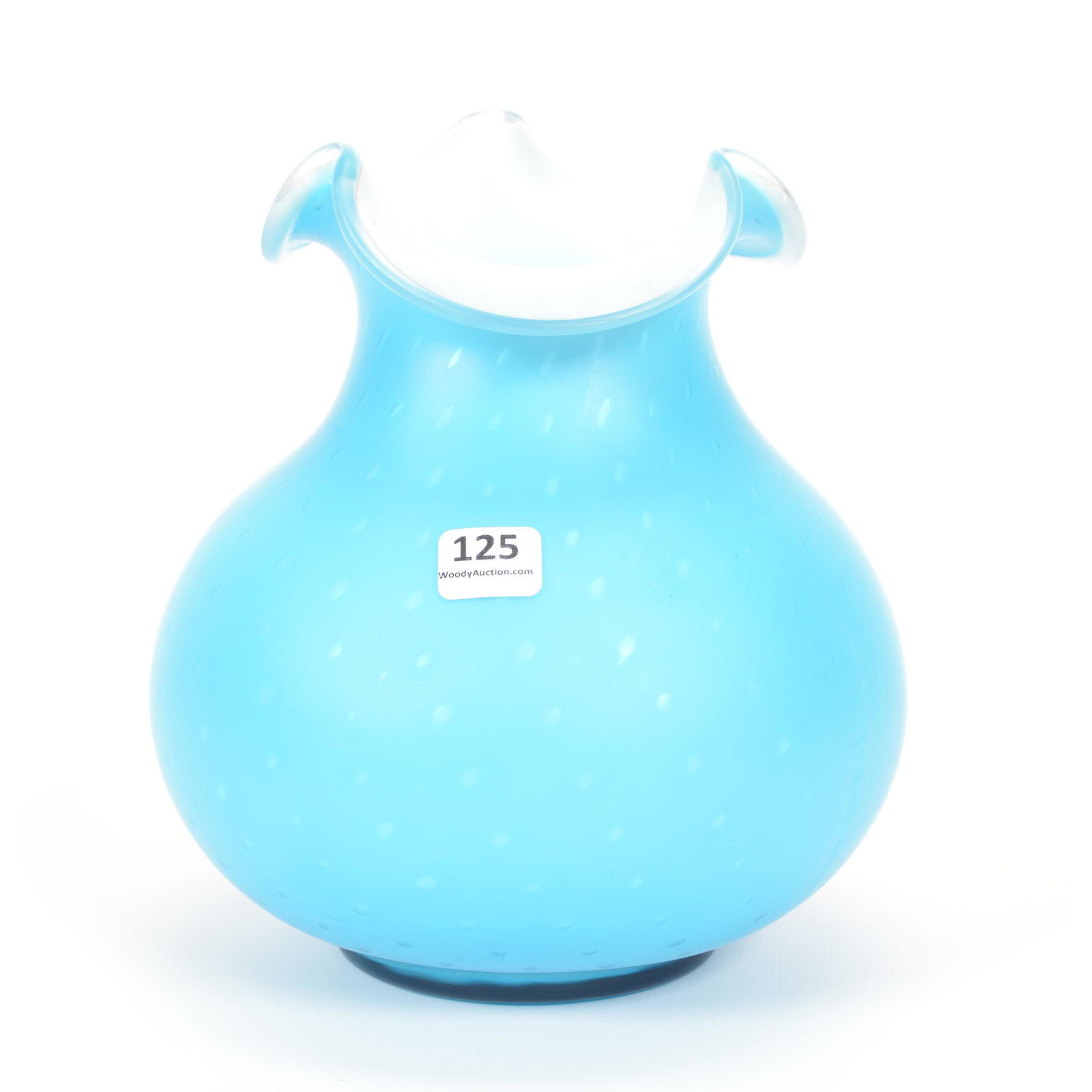 Vase, Blue Satin Mother of Pearl Raindrop Art Glass: Vase, Blue Satin Mother of Pearl Raindrop Art Glass, 7.75" X 6.75", Pulled Lip; the Collection of Mrs. R. and the Late Dr. S. Alexander. UPDATED 7-29-20: Spelled out Mother of Pearl in the title.