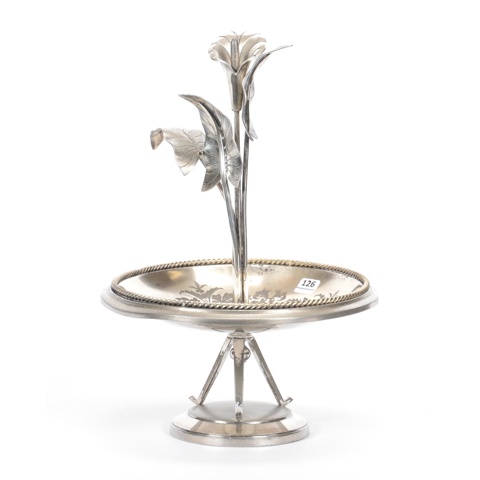 Victorian Silverplate Centerpiece: Victorian Silverplate Centerpiece, 13.75" X 9.5", Rogers Smith #1738, Figural Calla Lily Center; the Collection of Mrs. R. and the Late Dr. S. Alexander.
