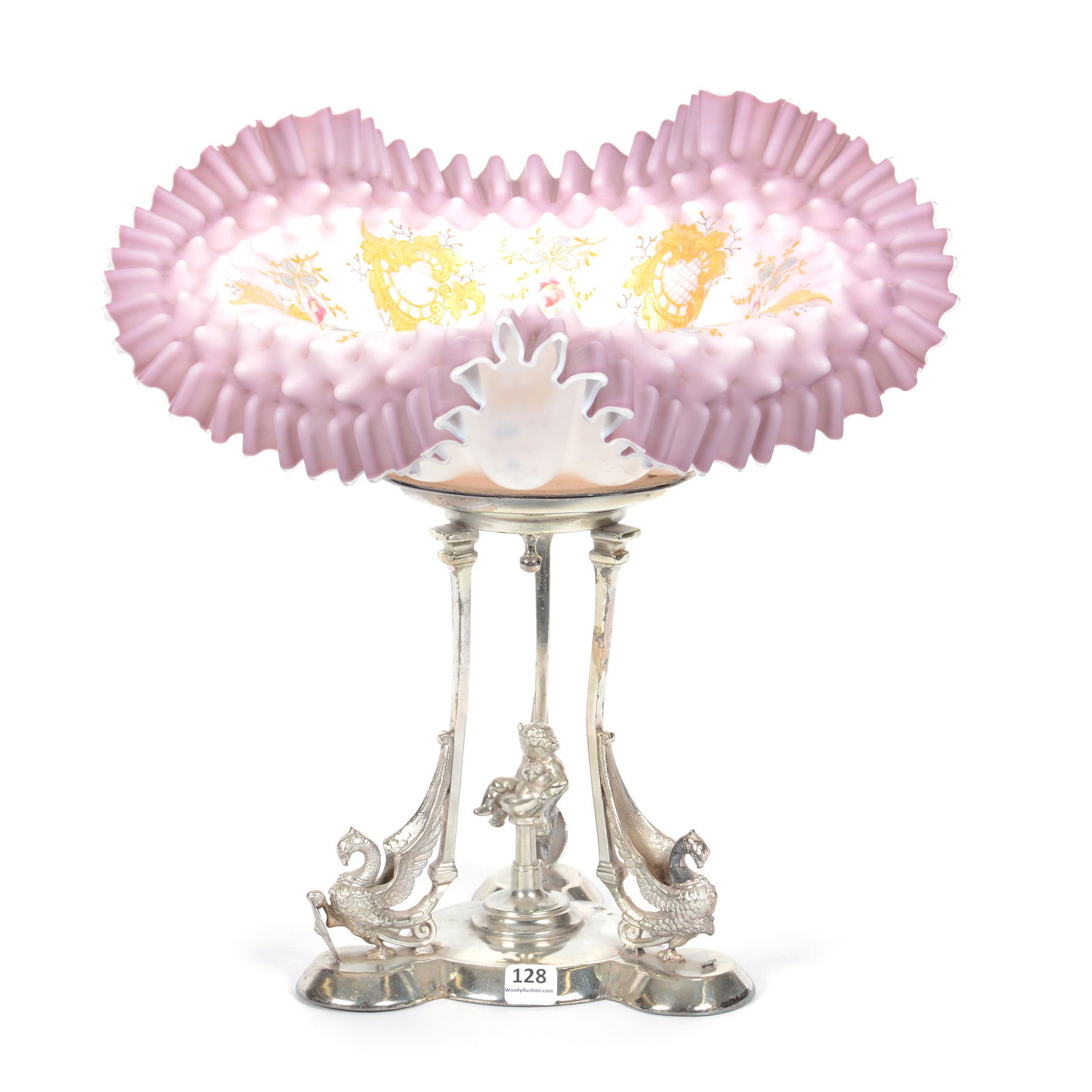 Victorian Brides Bowl on Stand: Victorian Brides Bowl on Stand, 16" X 14", Elaborate Folded Lavender & White Satin Art Glass Bowl with Floral Decor, White Exterior, Set on Reed & Barton #2400 Silverplate Stand with Cherub and Three 